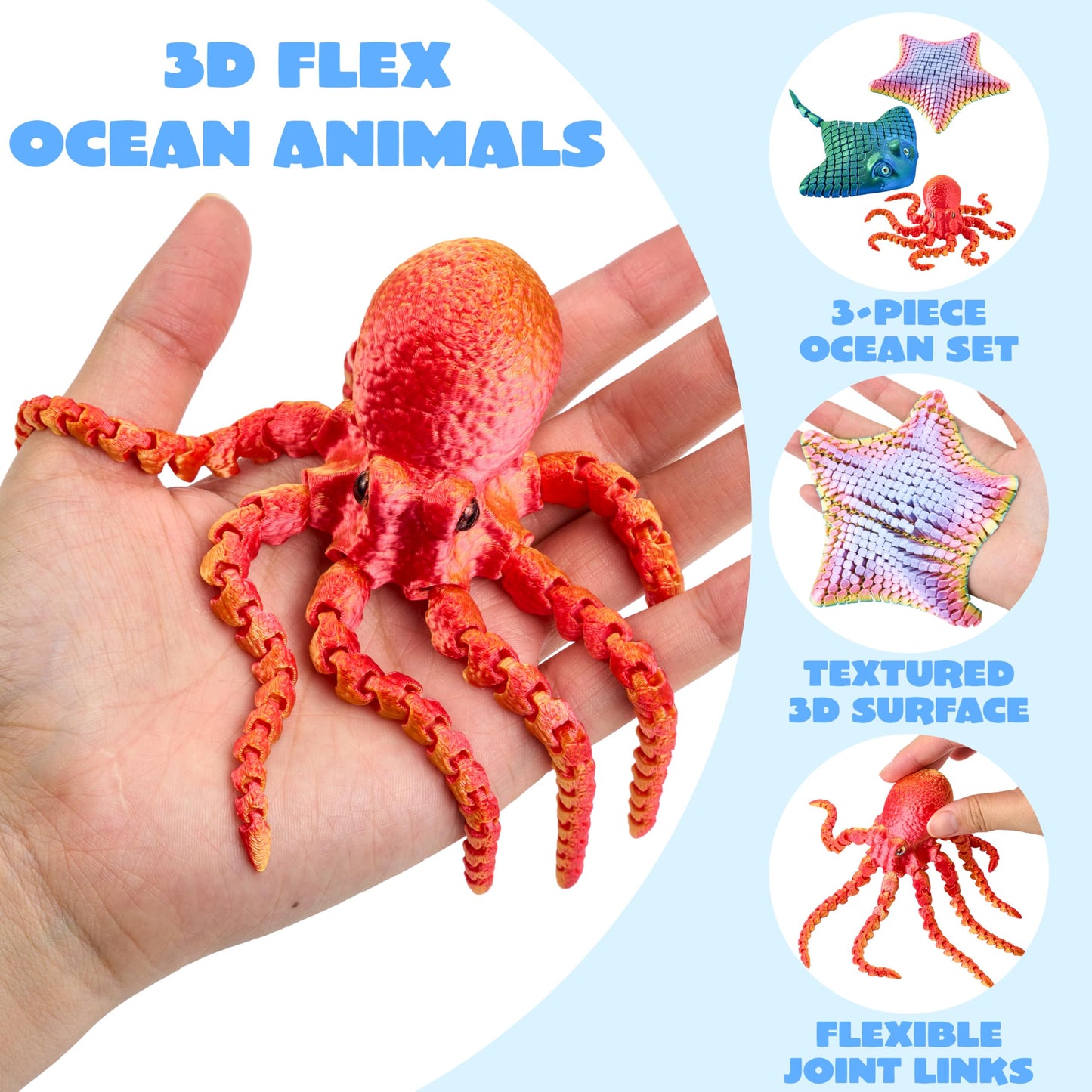 JOYIN 3 Pcs 3D Printed Fidget Toys — Articulated Octopus, Ray & Starfish for Stress Relief & Desk Decor