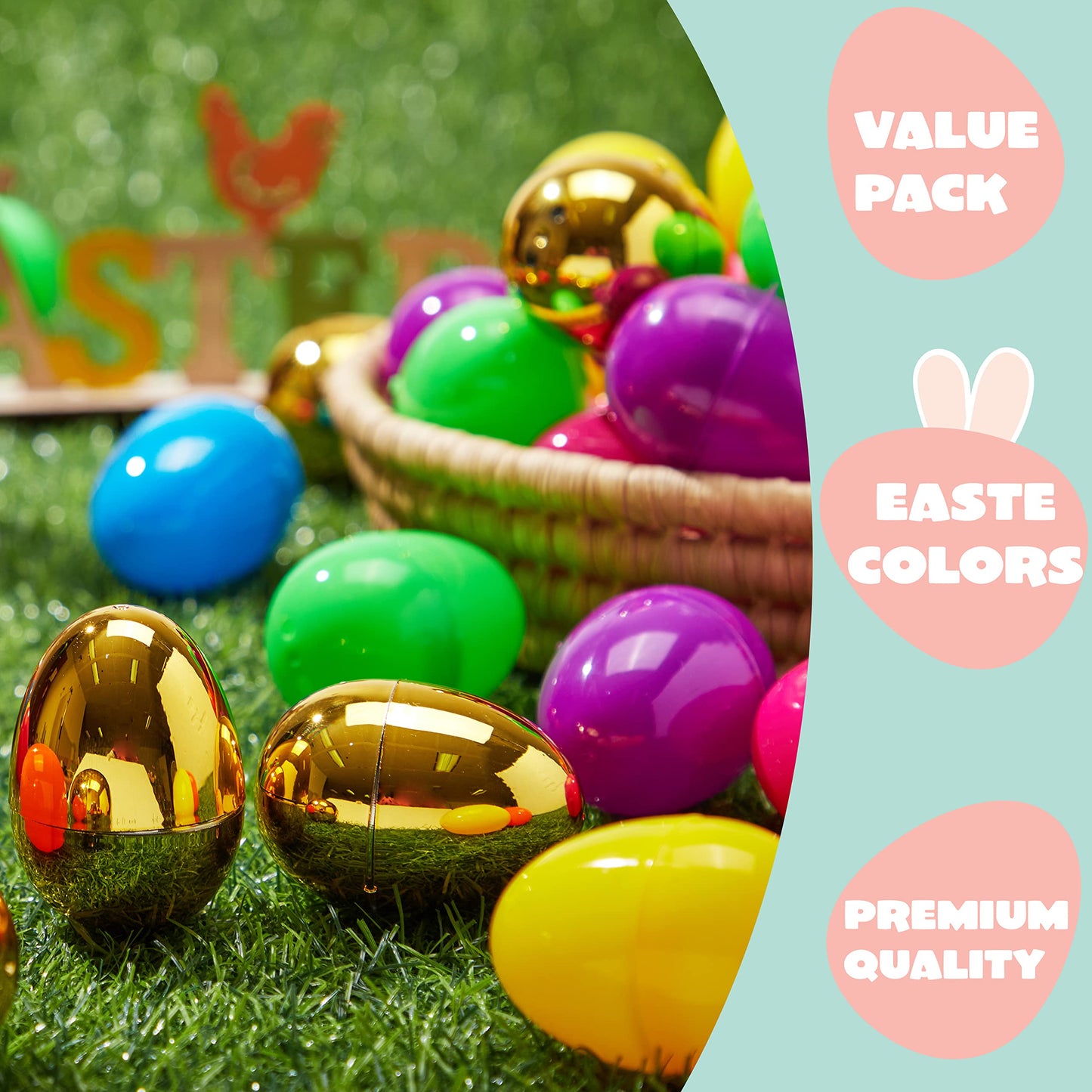 JOYIN 50Pcs Plastic Easter Eggs – 44 Colorful Fillable Eggs + 6 Golden Eggs for Easter Hunt & Party Favors