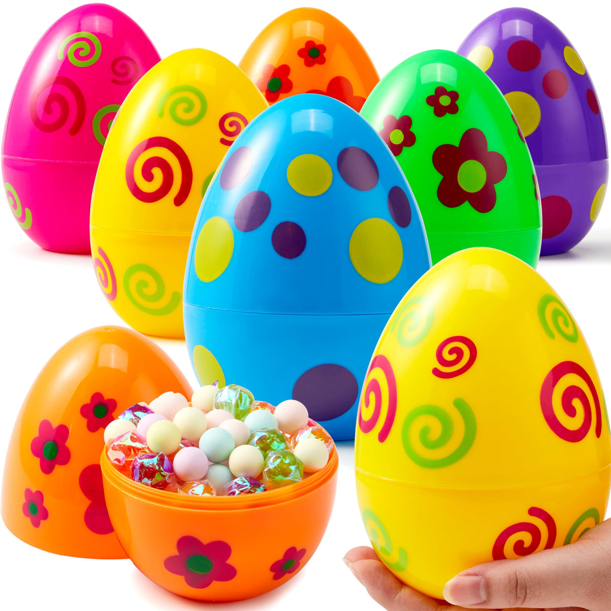 JOYIN 6 Pcs Large Printed Easter Eggs – Jumbo 6-in Fillable Eggs for Easter Hunts & Decor