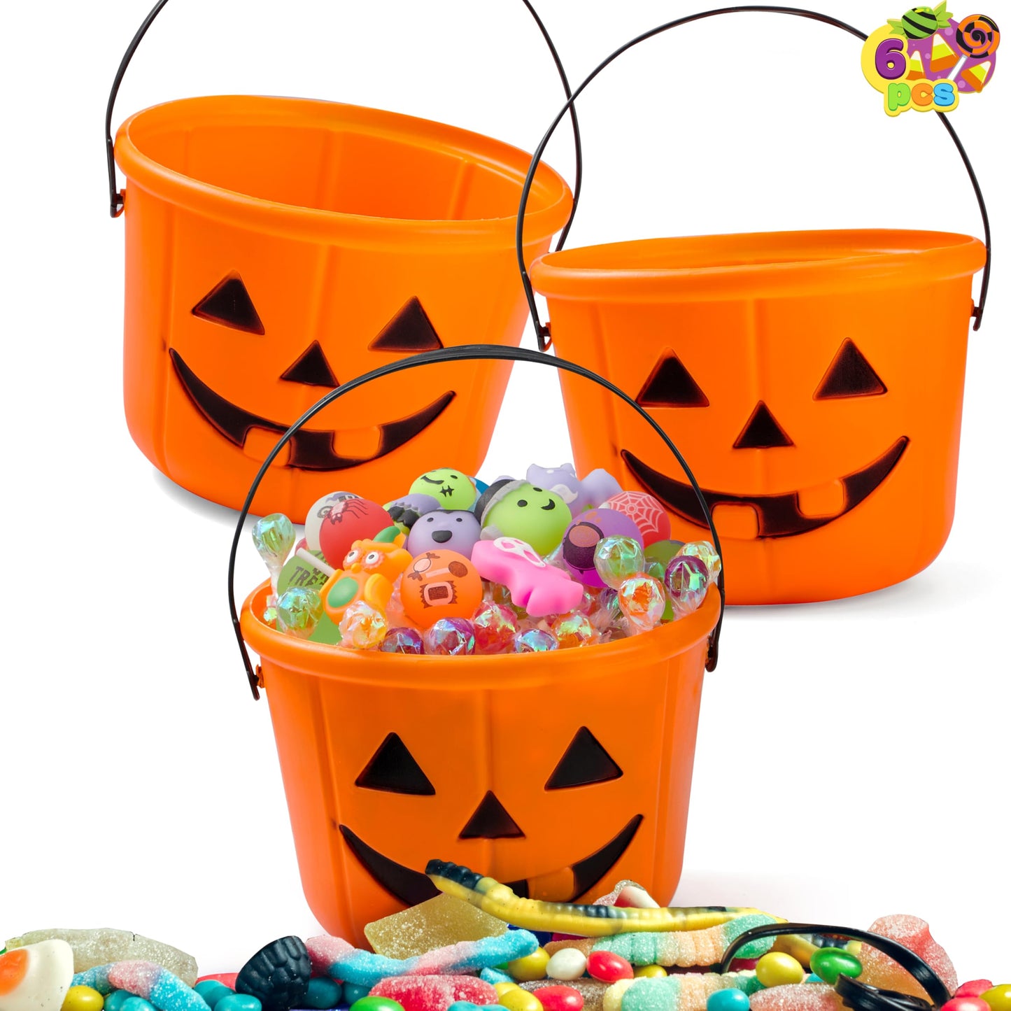 JOYIN 6Pcs Halloween Pumpkin Buckets – Jack O' Lantern Candy Buckets for Trick or Treating, 7x5 in, Reusable