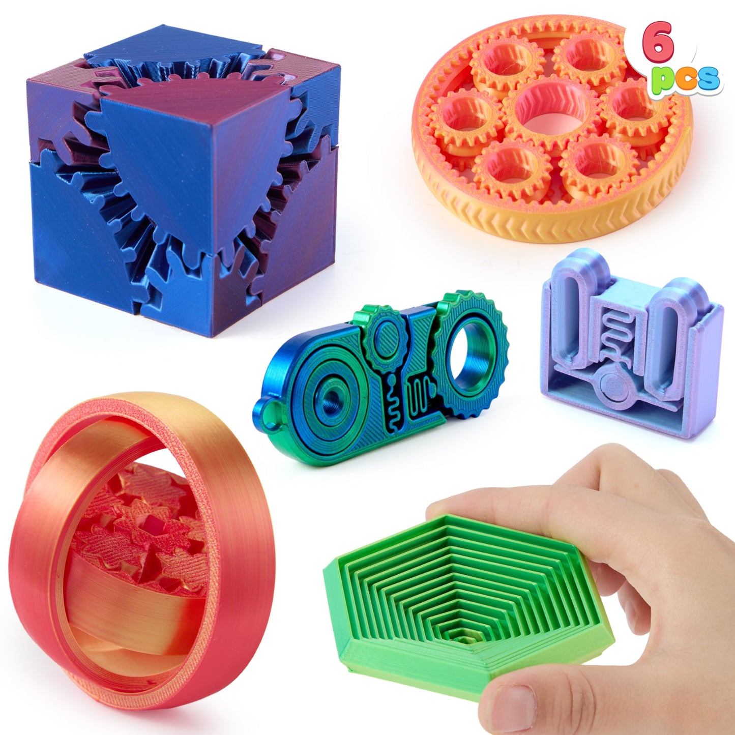 JOYIN 6Pcs 3D Printed Fidget Toys — Spin Fractal Gear, Metallic Color