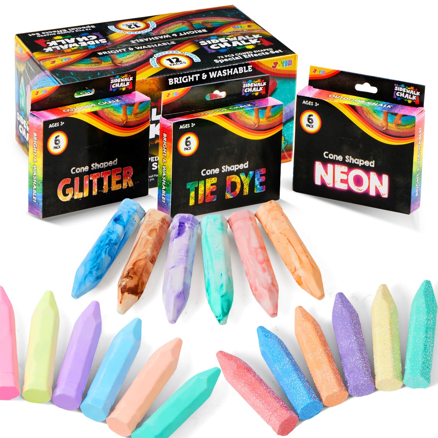 JOYIN 72 PCS Washable Sidewalk Chalk – 12 Packs, Glitter, Neon & Tie-Dye, Outdoor Art for Kids