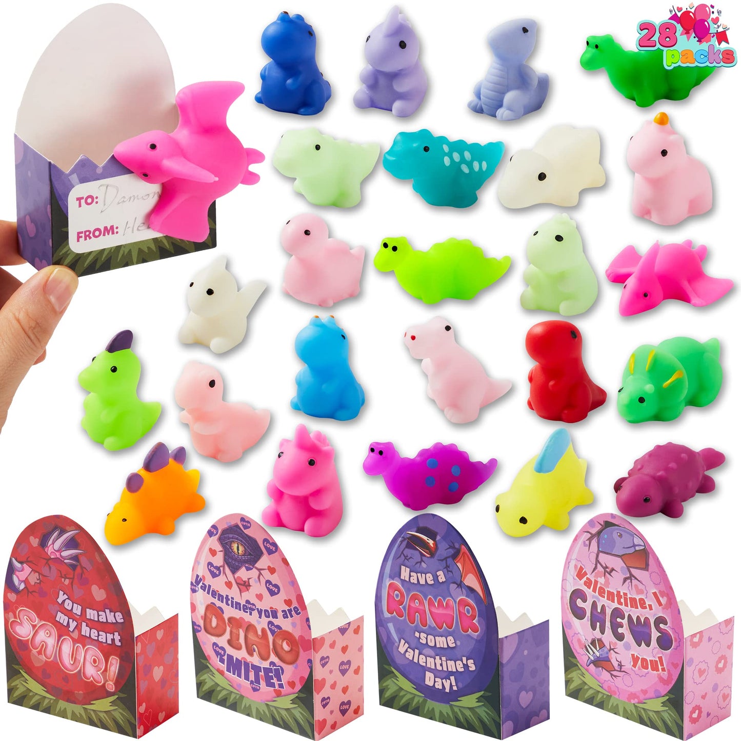JOYIN 28-Pack Valentines Day Dinosaur Mochi Squishy Toys - Classroom Gifts & Party Favors