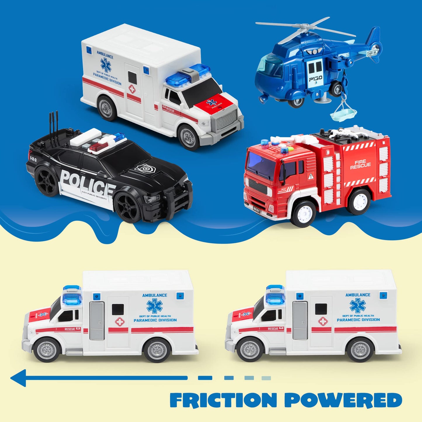 JOYIN Emergency Vehicle Playset – 4-Pack Friction-Powered Vehicles with Lights & Sounds