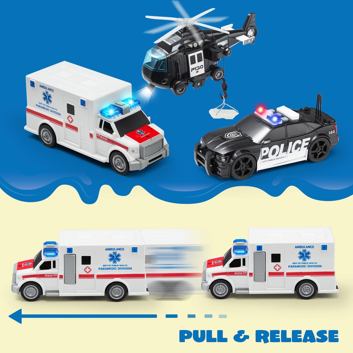 JOYIN Police Vehicle Toy Set with Lights & Sounds – Friction-Powered Emergency Vehicles for Kids Aged 3–9