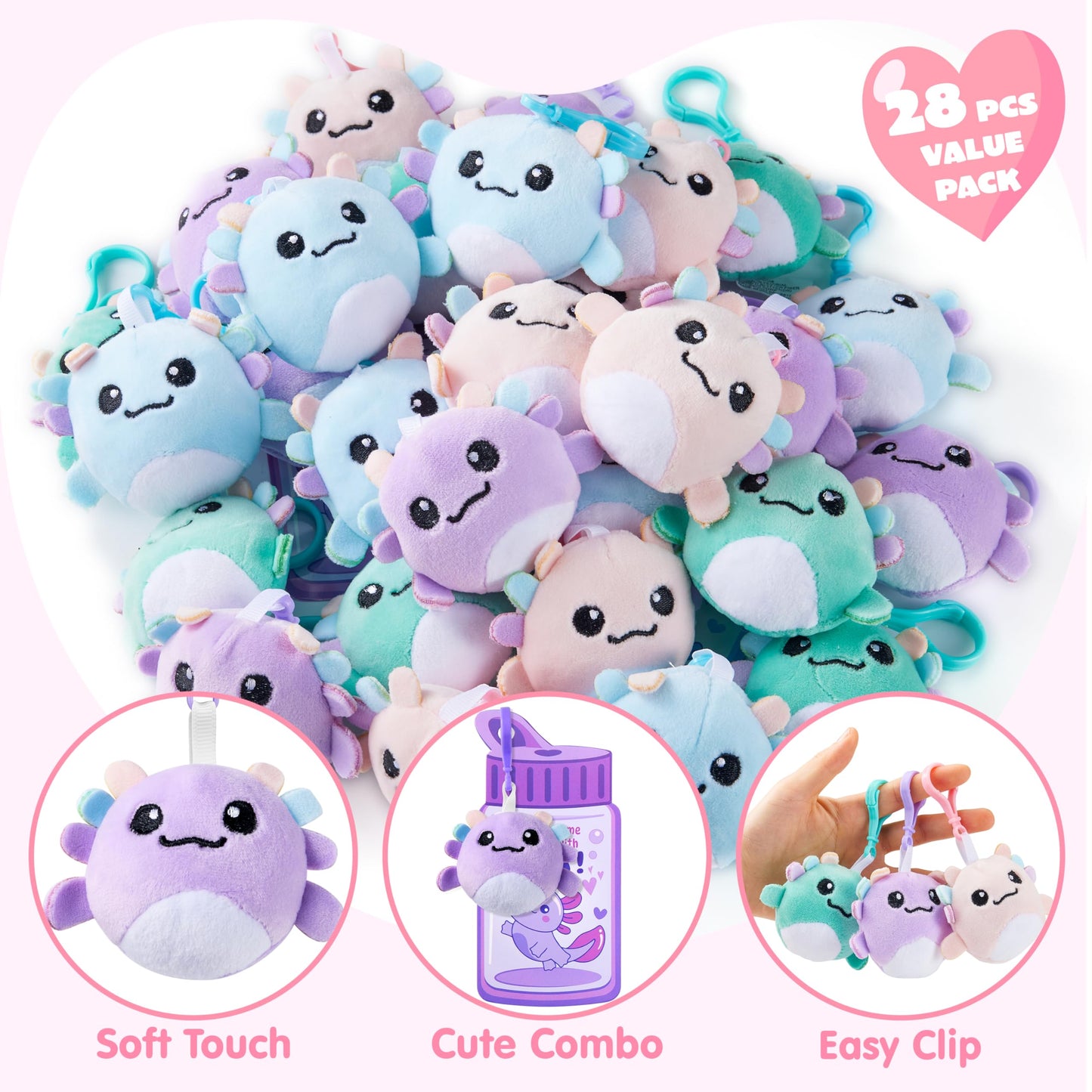 JOYIN 28 Pcs Valentine Axolotl Plush Keychains & Greeting Cards for Classrooms