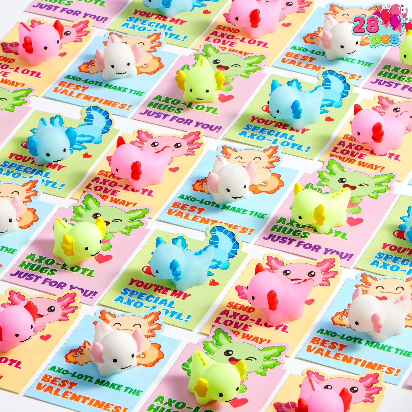 JOYIN 28 Packs Valentines Day Gifts for Kids — Axolotl Mochi Squishy Toys with Cards & Bags