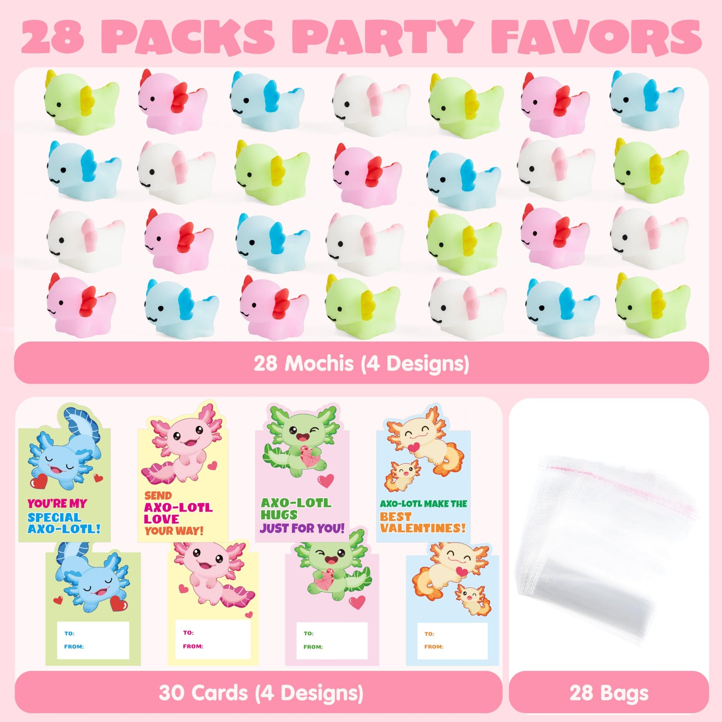 JOYIN 28 Packs Valentines Day Gifts for Kids — Axolotl Mochi Squishy Toys with Cards & Bags