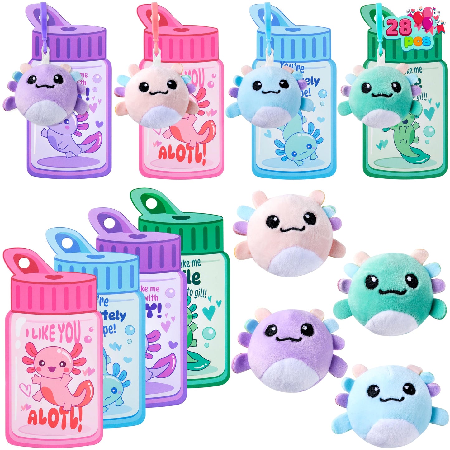 JOYIN 28 Pcs Valentine Axolotl Plush Keychains & Greeting Cards for Classrooms