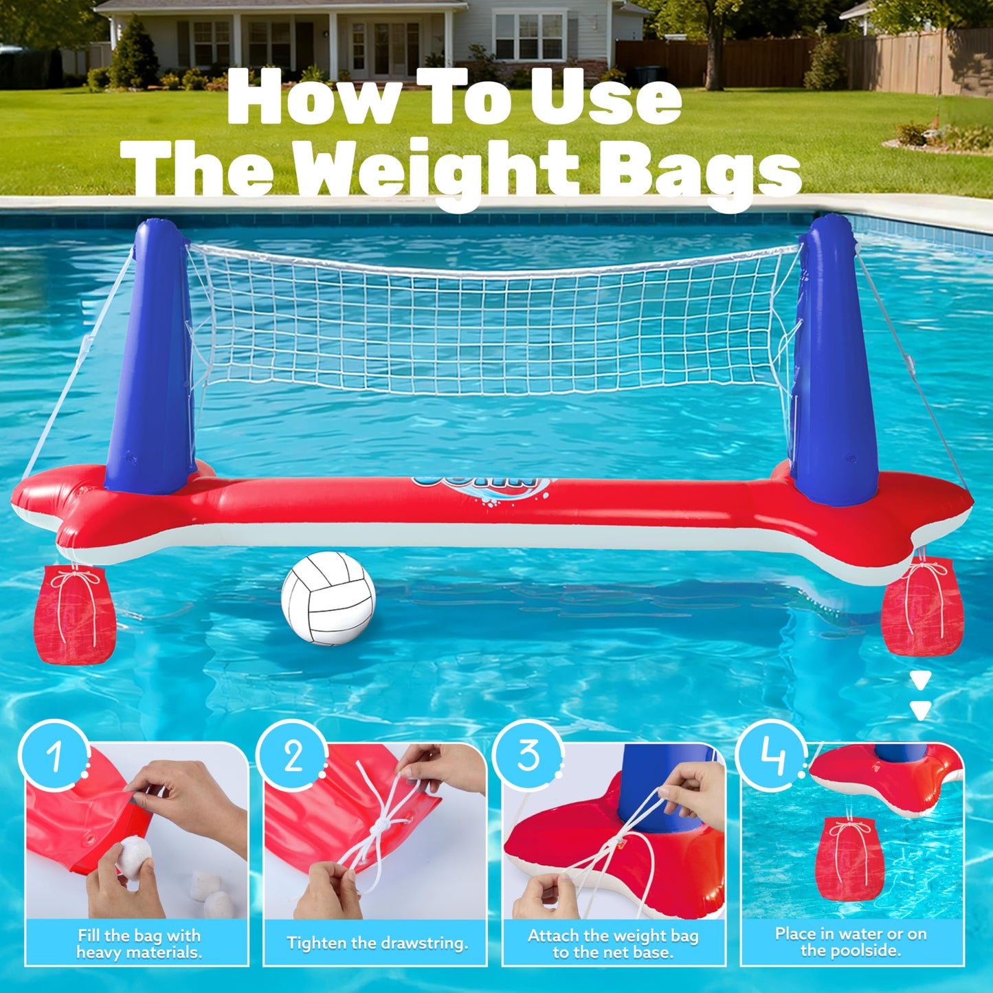 JOYIN Inflatable Pool Float Set – Volleyball Court Net & Basketball Hoops with Balls Included | Summer Pool Games for Kids & Adults | L-Red