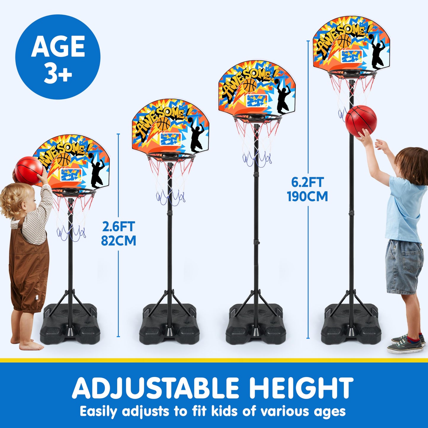 JOYIN Indoor Kids Basketball Hoop with Stand — Adjustable Height 2.6 ft to 6.2 ft, Portable Indoor Outdoor Toy for Ages 3–8
