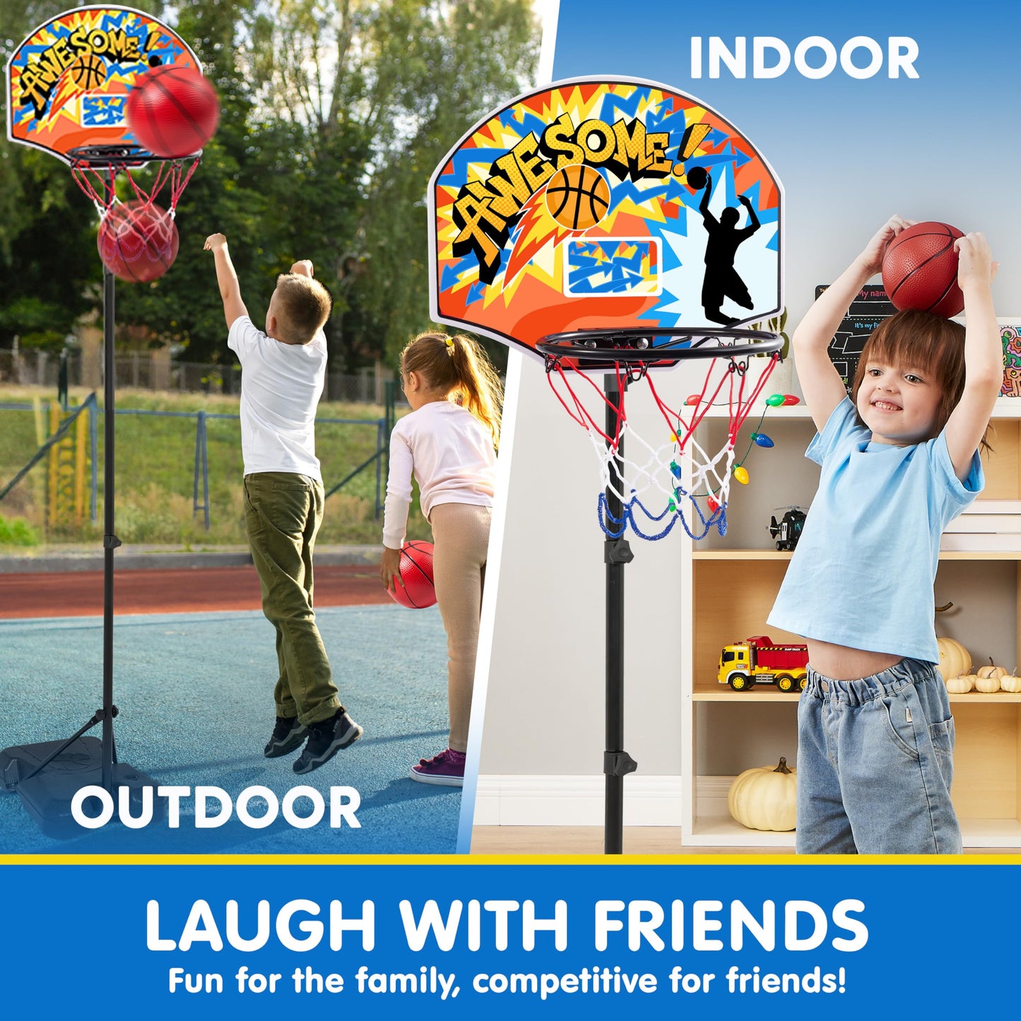 JOYIN Indoor Kids Basketball Hoop with Stand — Adjustable Height 2.6 ft to 6.2 ft, Portable Indoor Outdoor Toy for Ages 3–8
