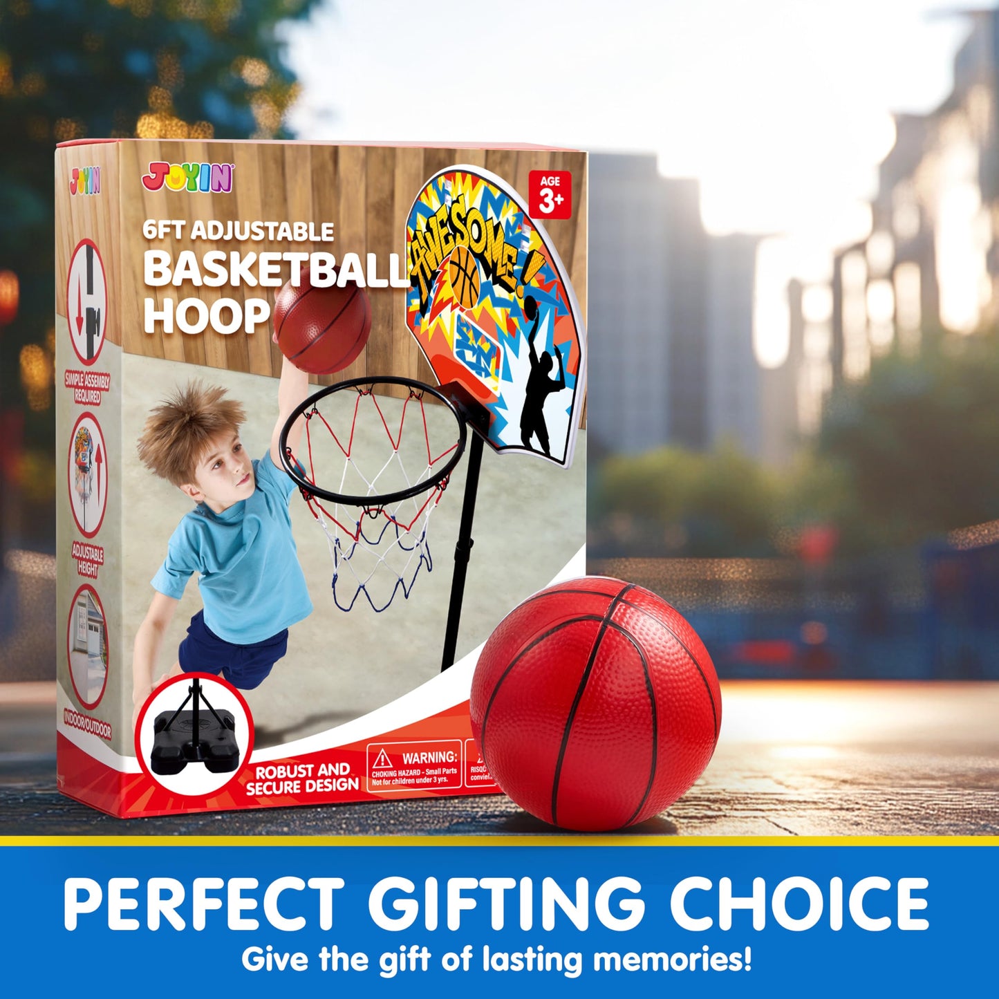 JOYIN Indoor Kids Basketball Hoop with Stand — Adjustable Height 2.6 ft to 6.2 ft, Portable Indoor Outdoor Toy for Ages 3–8