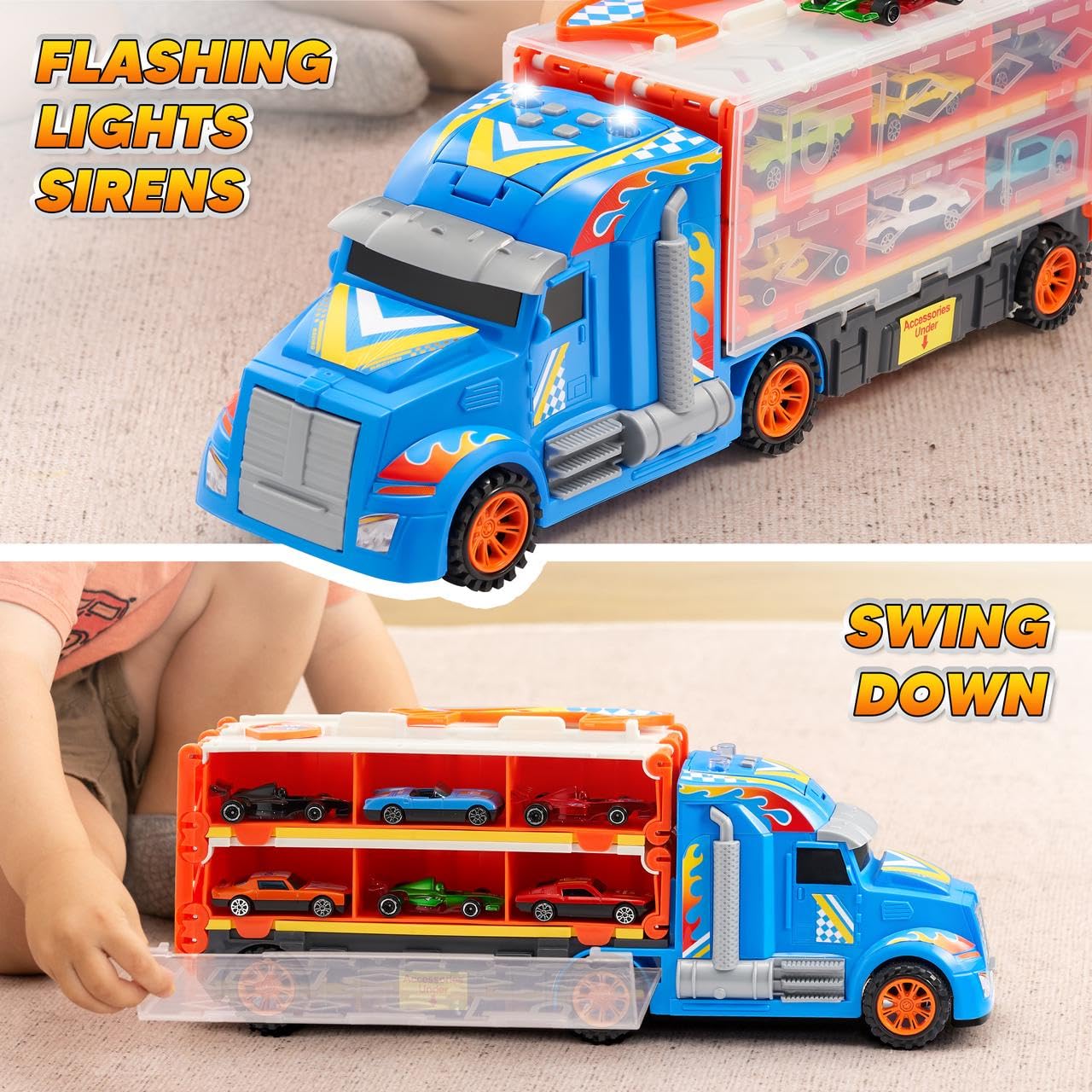 JOYIN Toy Truck Carrier Set – 5-Foot Track & 12 Die-Cast Cars
