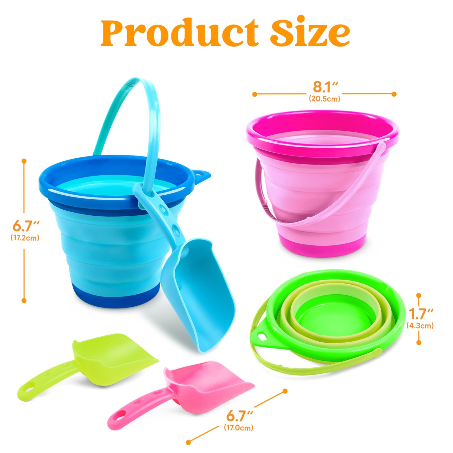 JOYIN 3-Pack Foldable Pail Buckets with Shovels & Mesh Bag – Collapsible Beach Toys