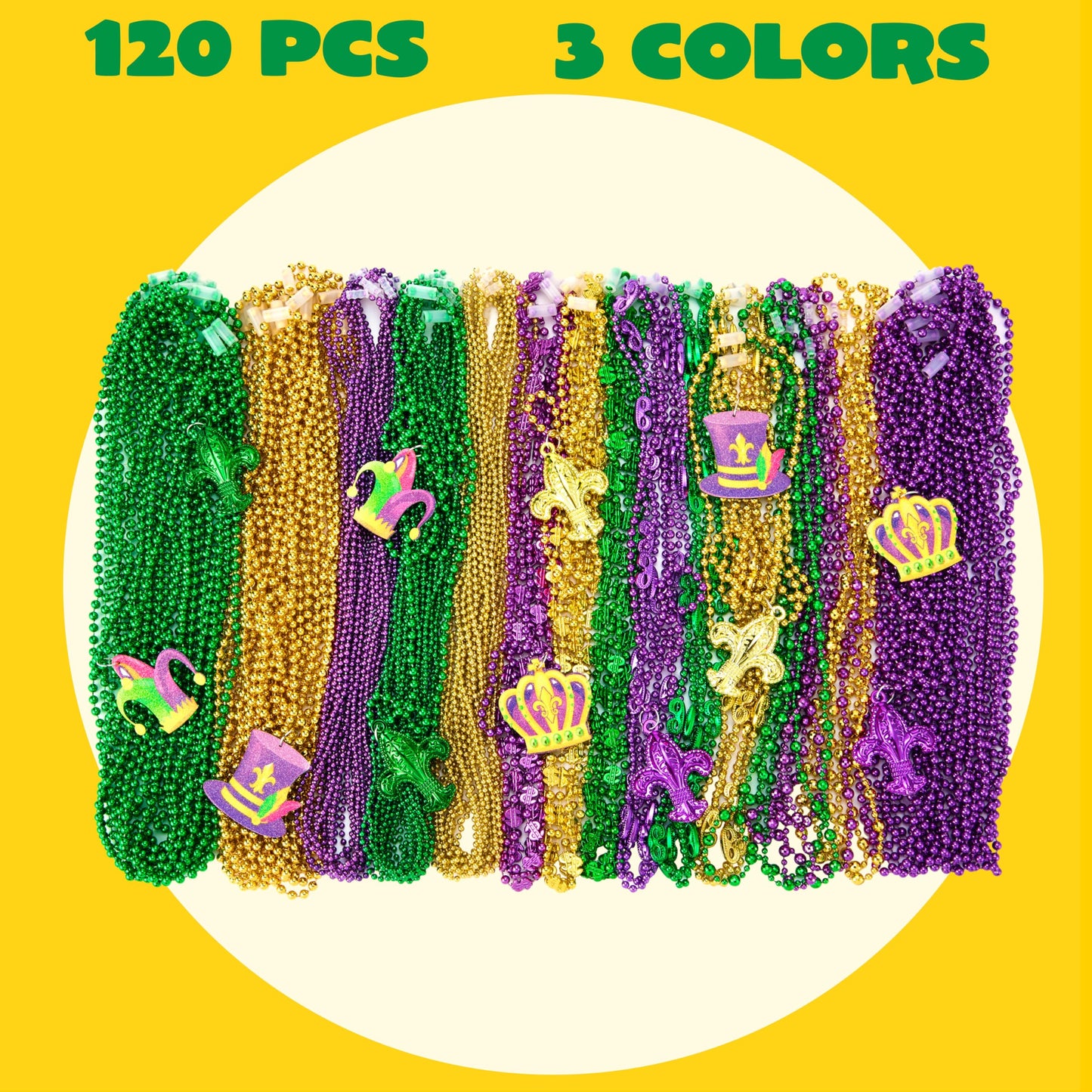 JOYIN 120 Pcs Mardi Gras Bead Necklaces with Pendant – Gold, Green & Purple Party Set