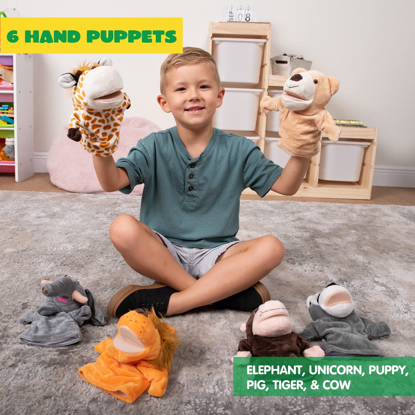 JOYIN 6Pcs Kids Hand Puppet Set with Working Mouth — Elephant, Giraffe, Lion, Bear, Raccoon & Monkey