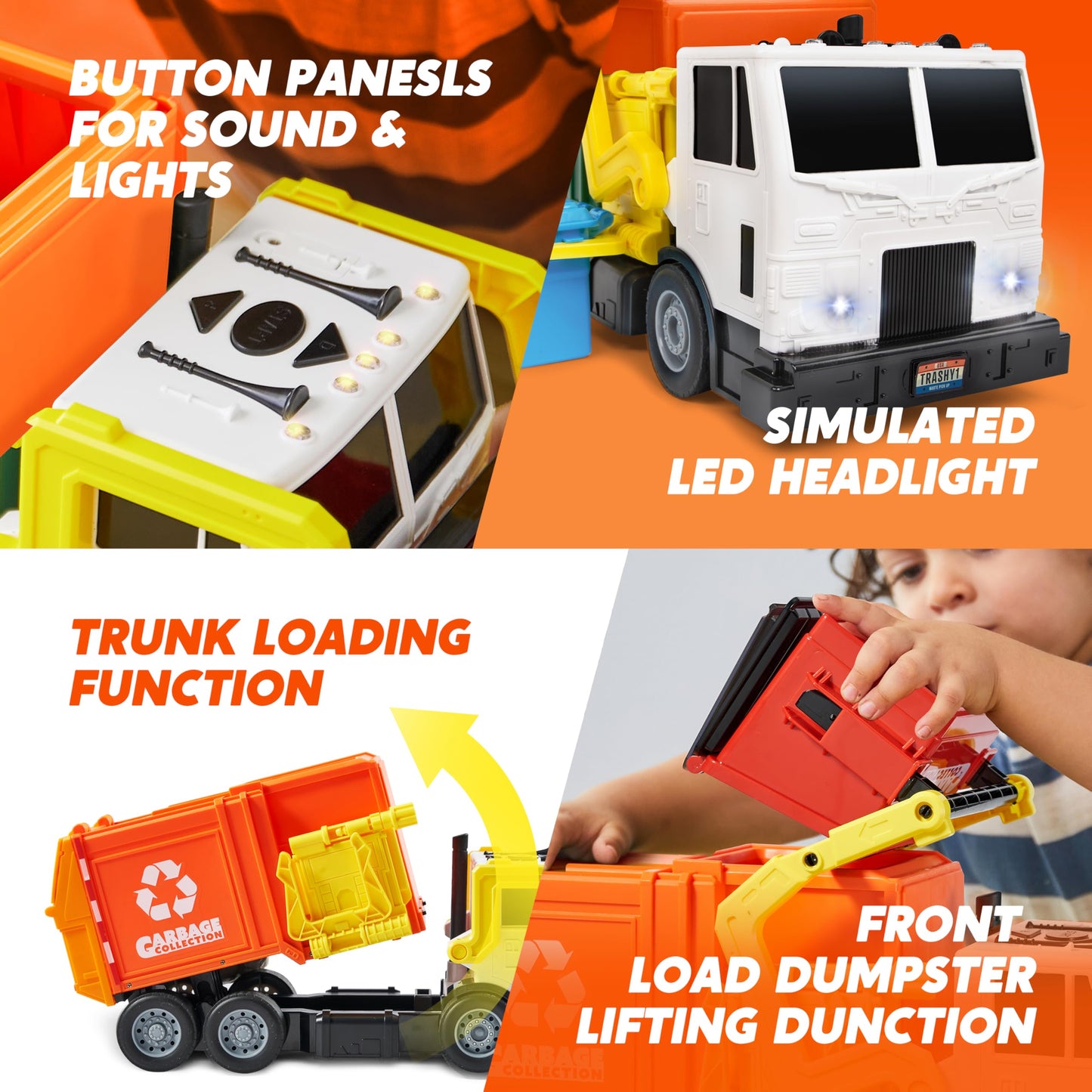 JOYIN Large Friction Powered Garbage Truck Toy Set – Front Loader, Dumpster, Bins & Learning Cards (Orange)