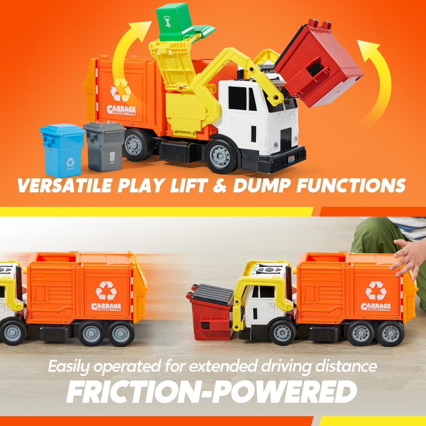 JOYIN Large Friction Powered Garbage Truck Toy Set – Front Loader, Dumpster, Bins & Learning Cards (Orange)
