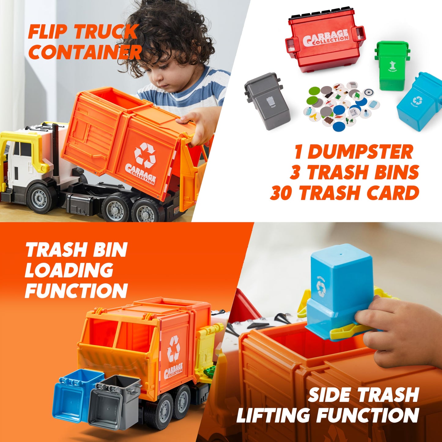 JOYIN Large Friction Powered Garbage Truck Toy Set – Front Loader, Dumpster, Bins & Learning Cards (Orange)