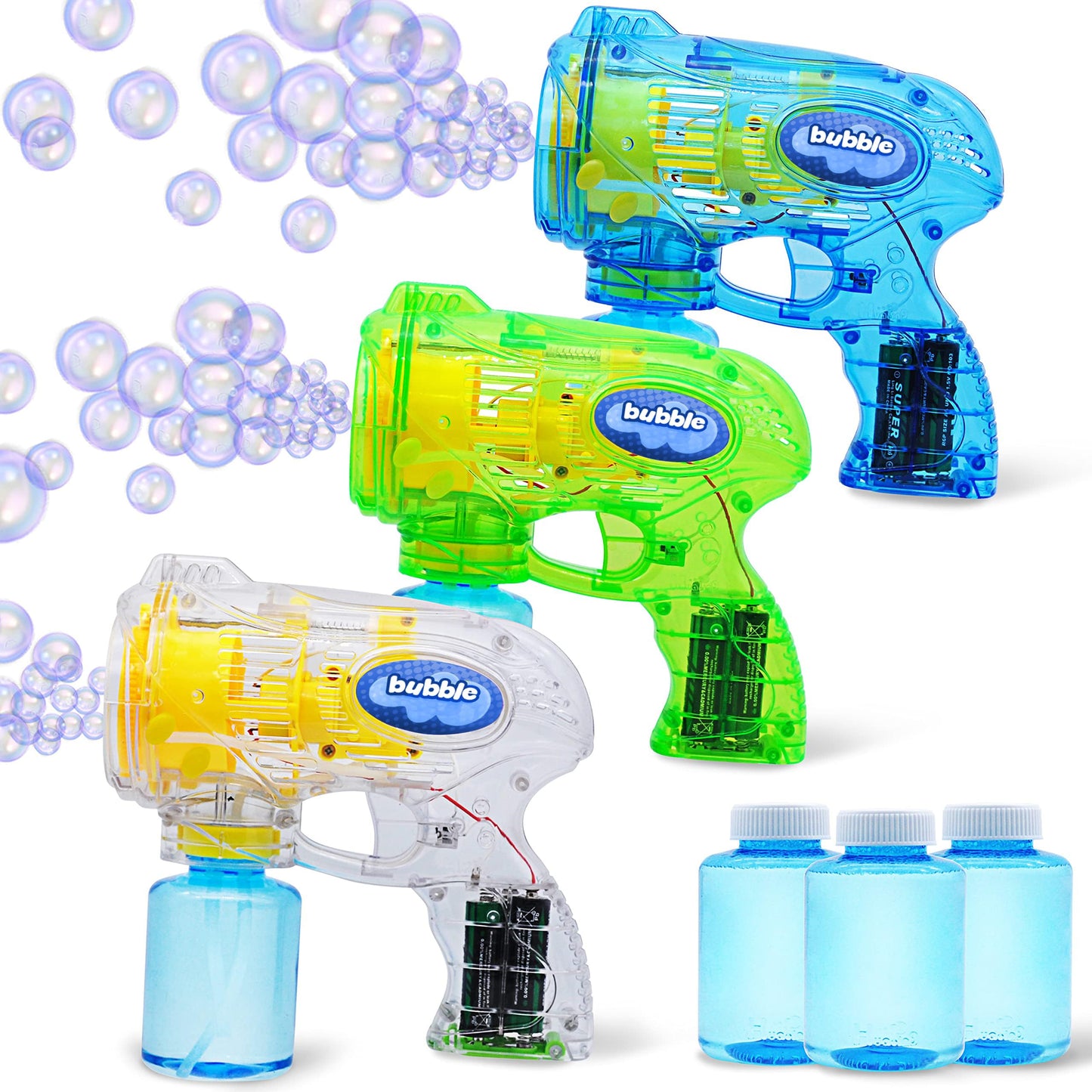 JOYIN 3 Packs Bubble Guns with 3 Solutions – Automatic Bubble Blower for Kids