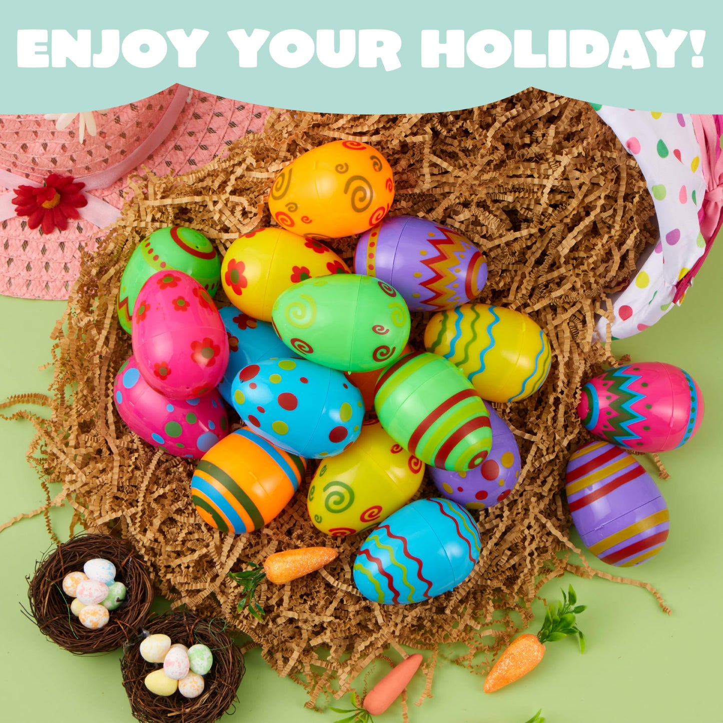 JOYIN 18-Pack Colorful Fillable Easter Eggs with Hinged Tops – 3.15-Inch Plastic Eggs for Easter Hunts and Party Favors