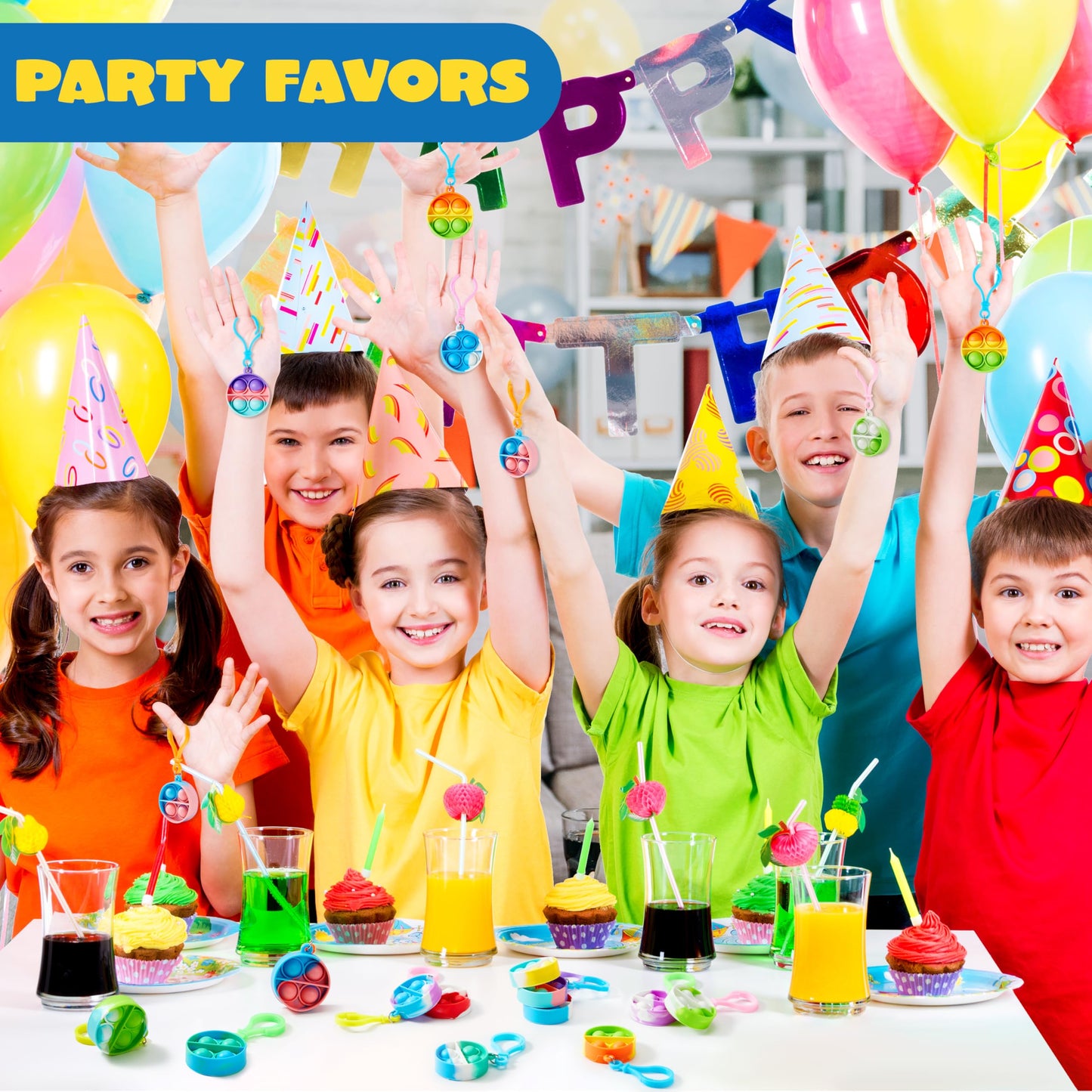 JOYIN Round Pop Fidget Keychain 90 Pack – Colorful Silicone Toys for Kids, Classroom Prizes, Party Favors