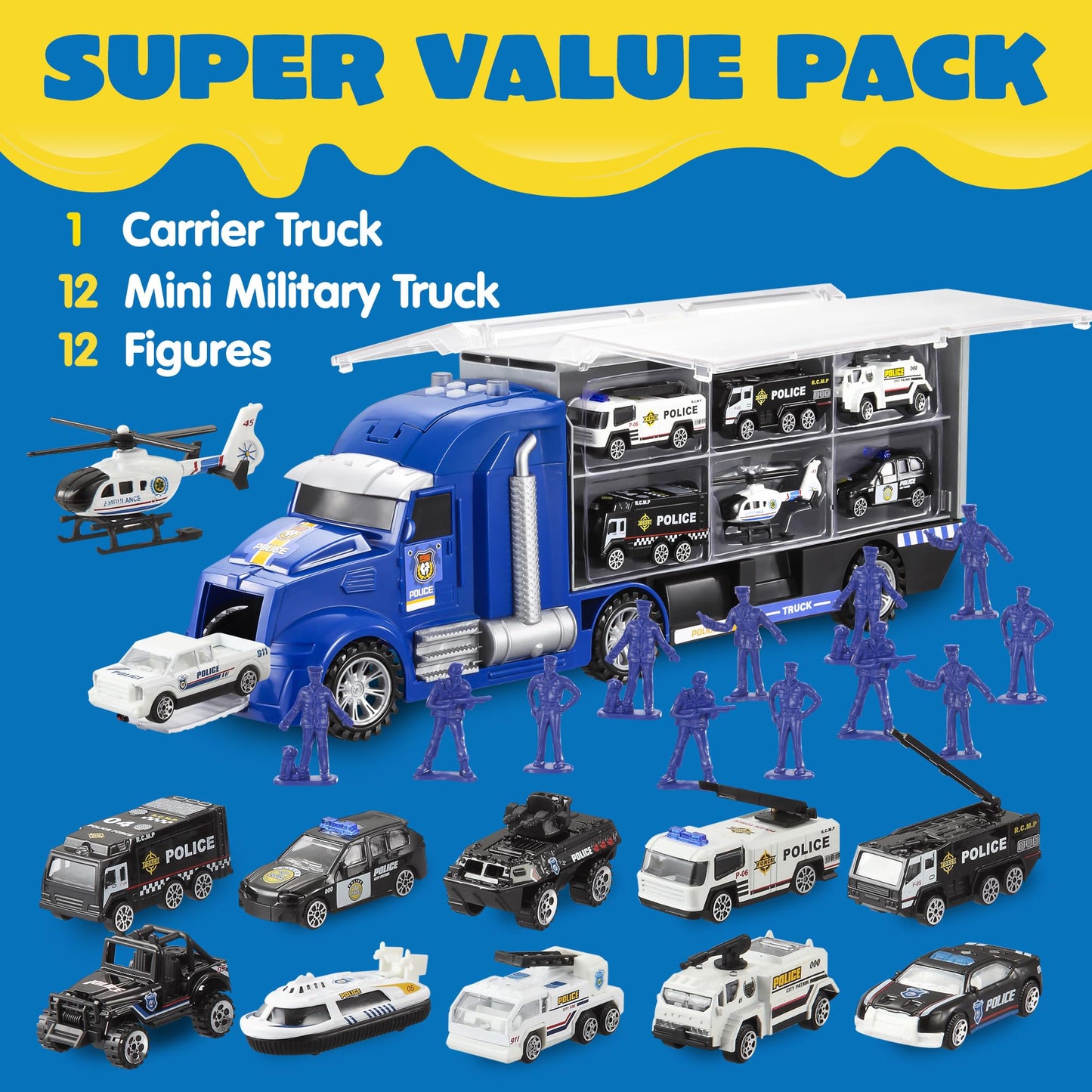 JOYIN 25-in-1 Police Rescue Truck Toy Set with Sounds & Lights – Carrier Truck Playset