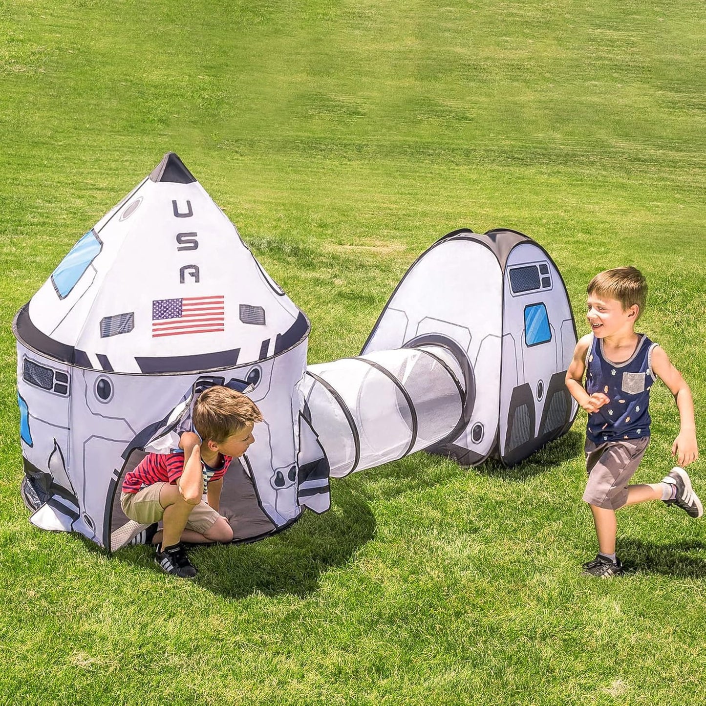 JOYIN White Rocket Ship Pop Up Play Tent with Tunnel – Indoor & Outdoor Kids Space Playset