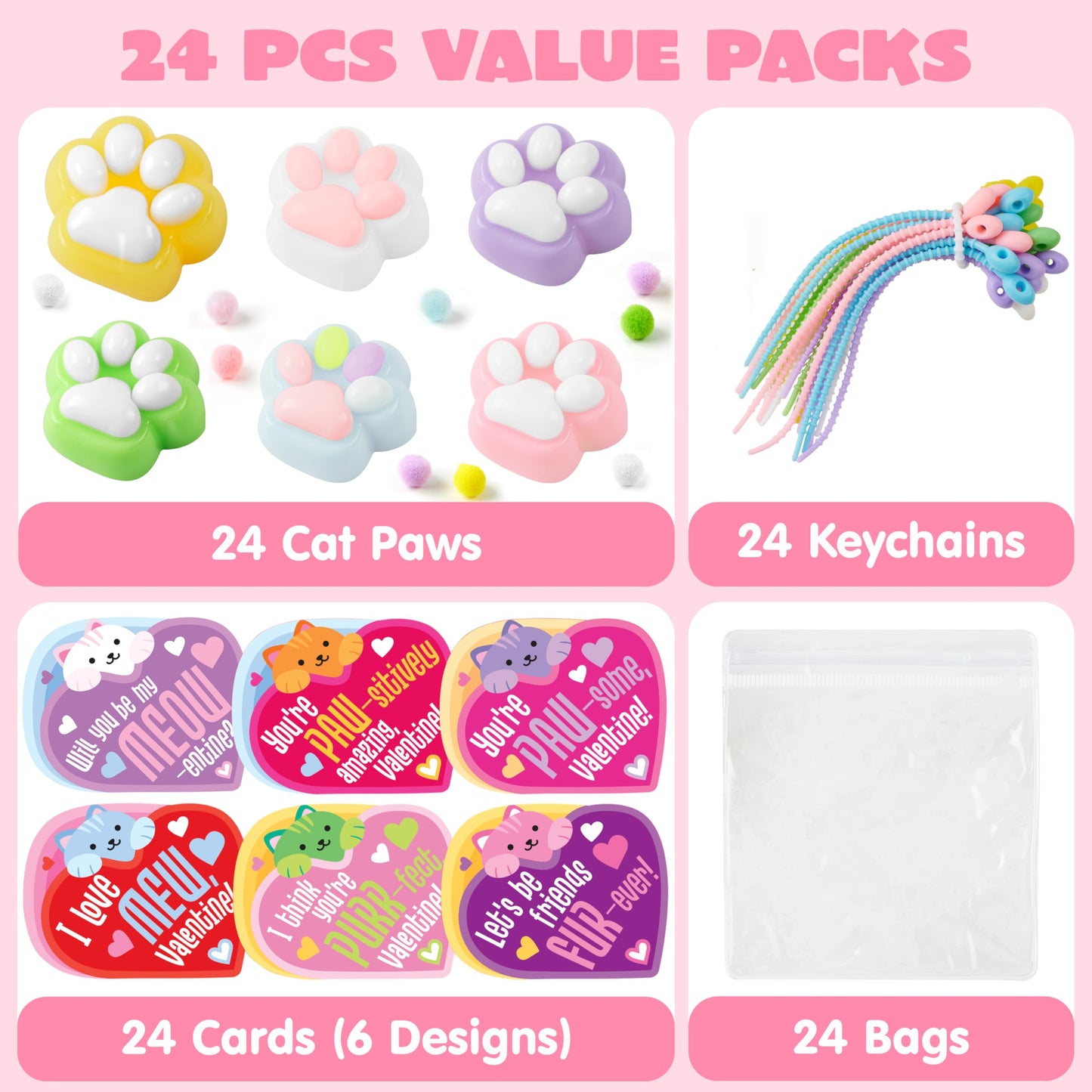 JOYIN 24-Pack Valentine's Cat Paw Fidget Toys with Cards & Keychains — 6 Colors