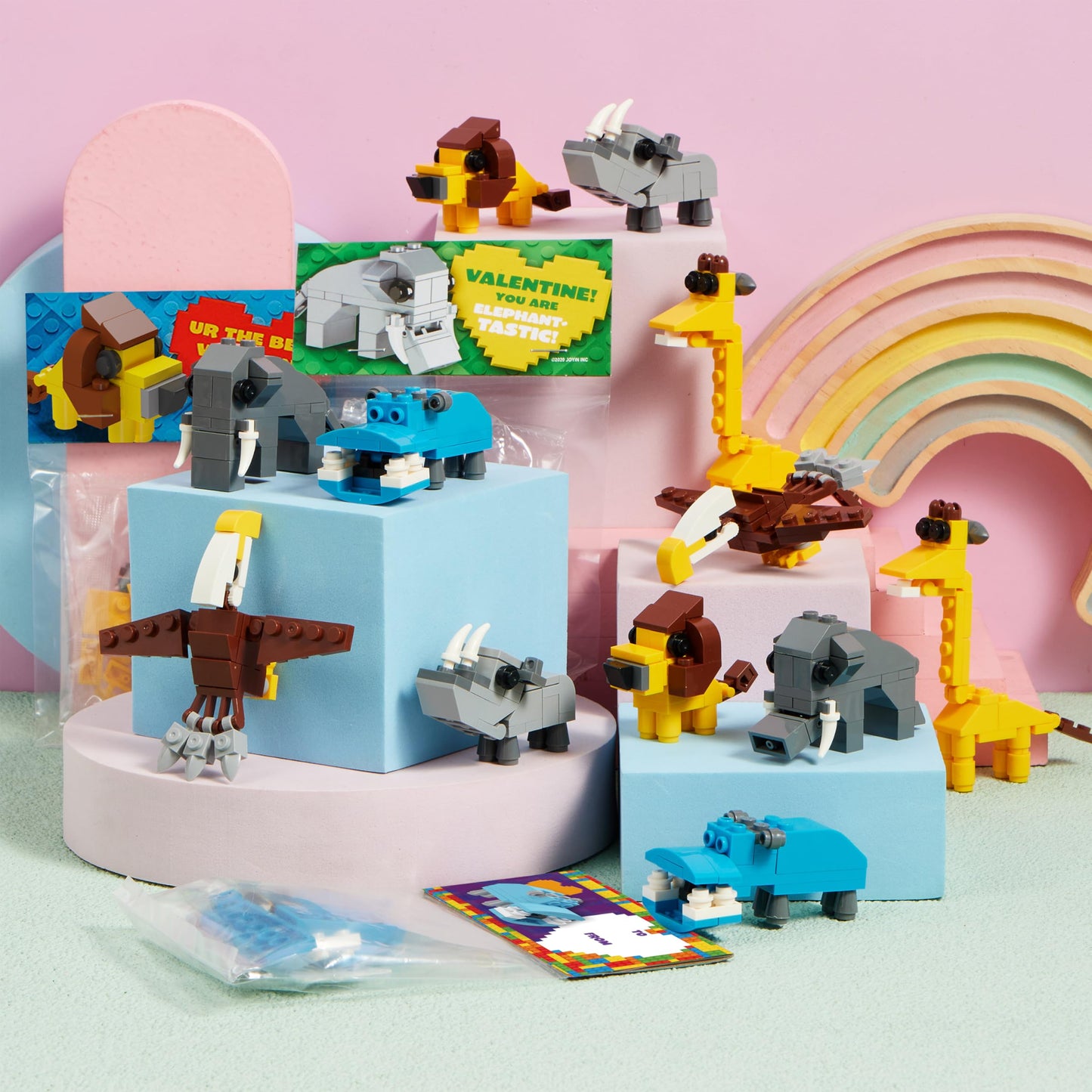 JOYIN 24 Safari Animal Valentine Cards with Building Blocks – Party Favors & Classroom Prizes