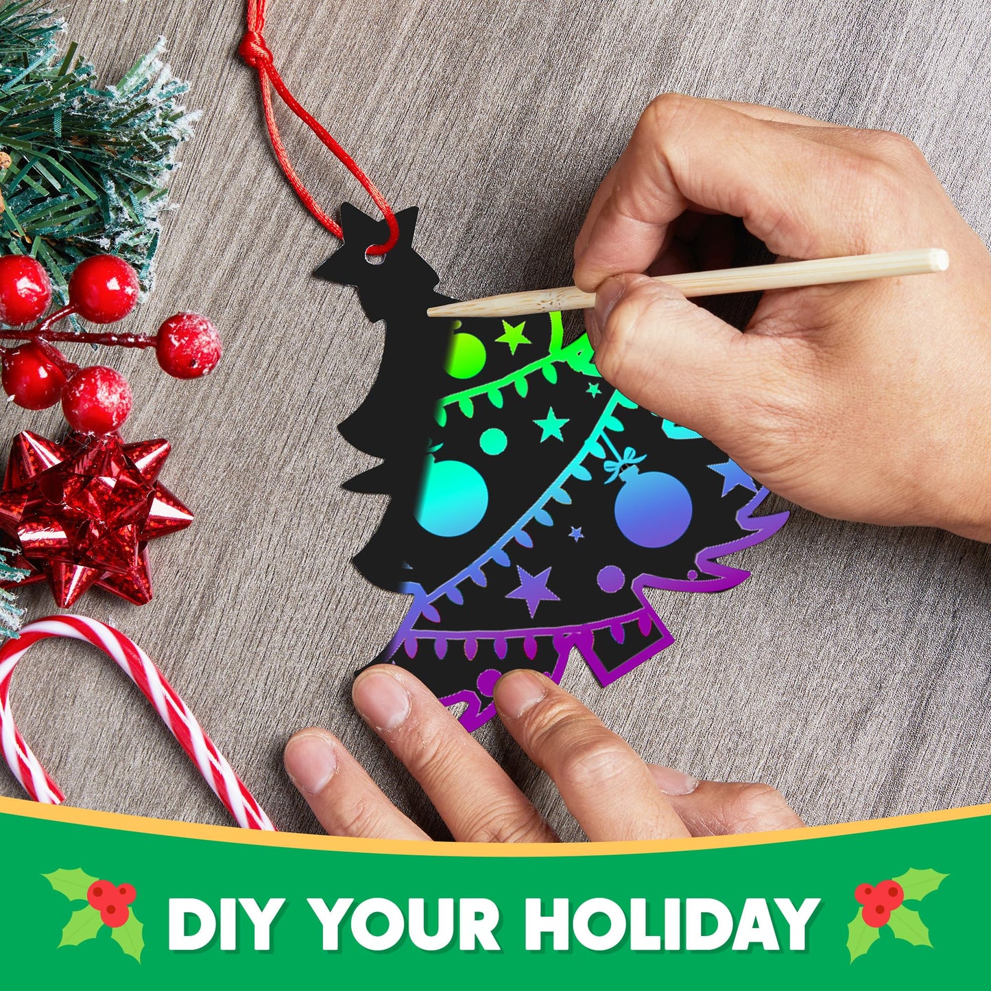 JOYIN 72 Pcs Christmas Scratch Art Ornaments – Rainbow Color Craft Kit for Kids