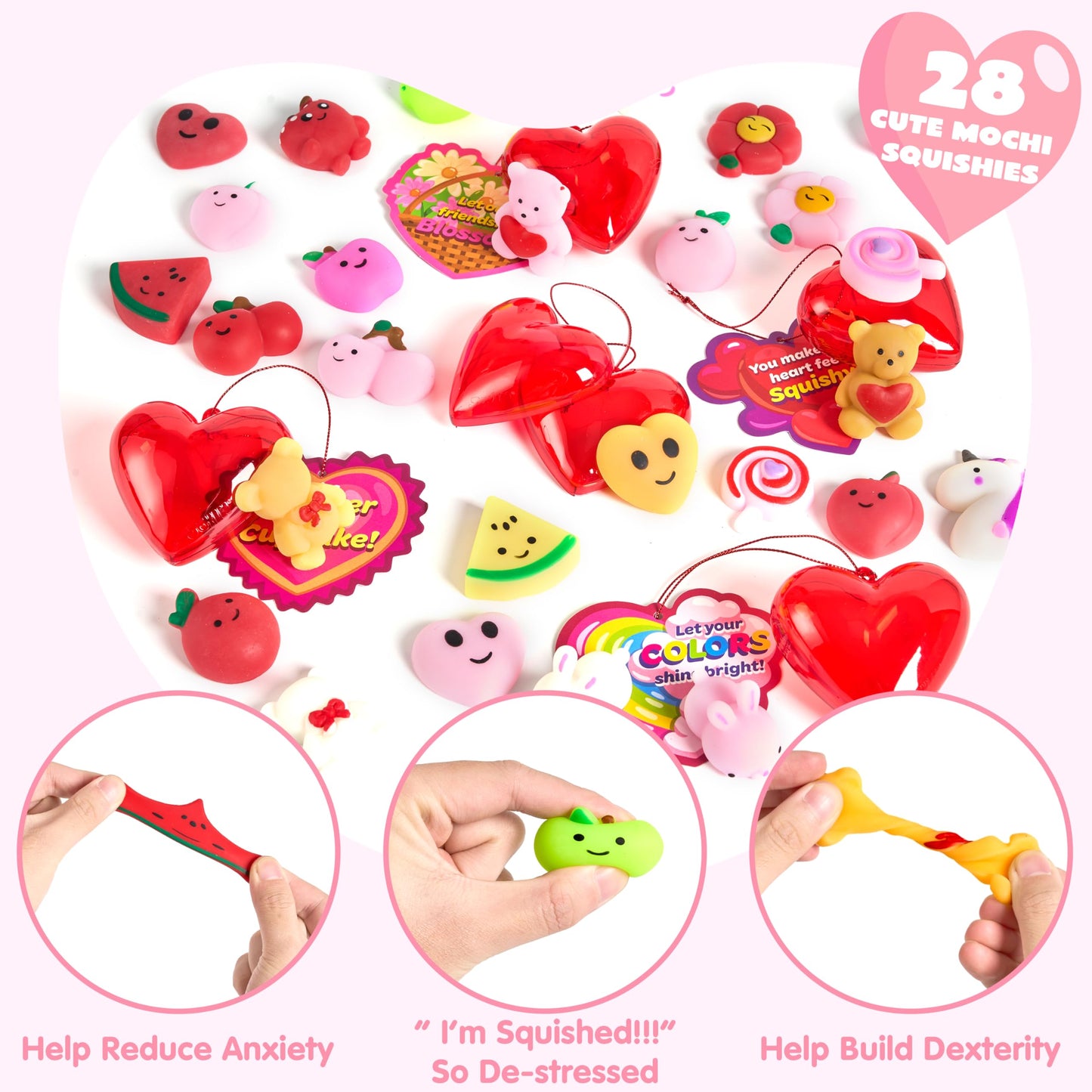 JOYIN 28-Pack Valentine's Day Gift Cards with Mochi Squishy Toys & Heart Shells