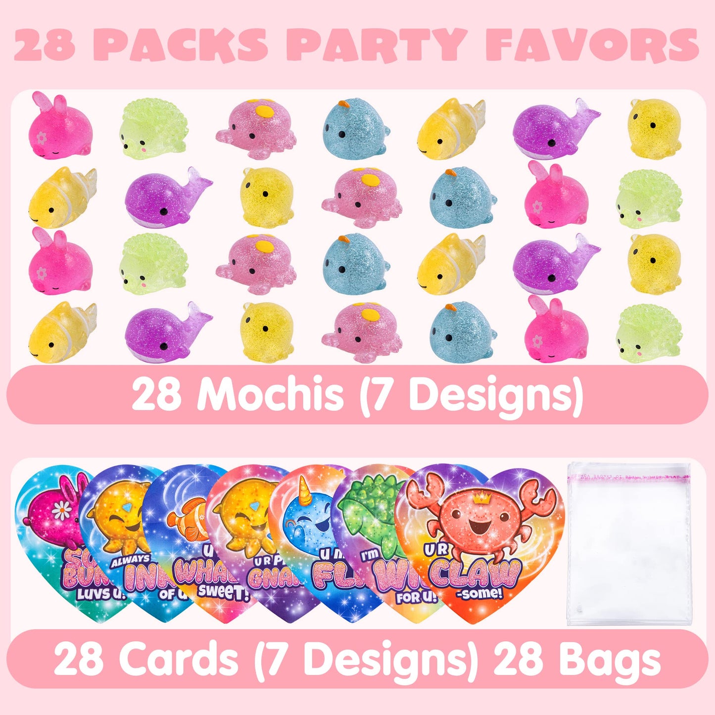 JOYIN 28-Pack Valentine Gift Cards with Glitter Mochi Squishy Toys — Sea Animals