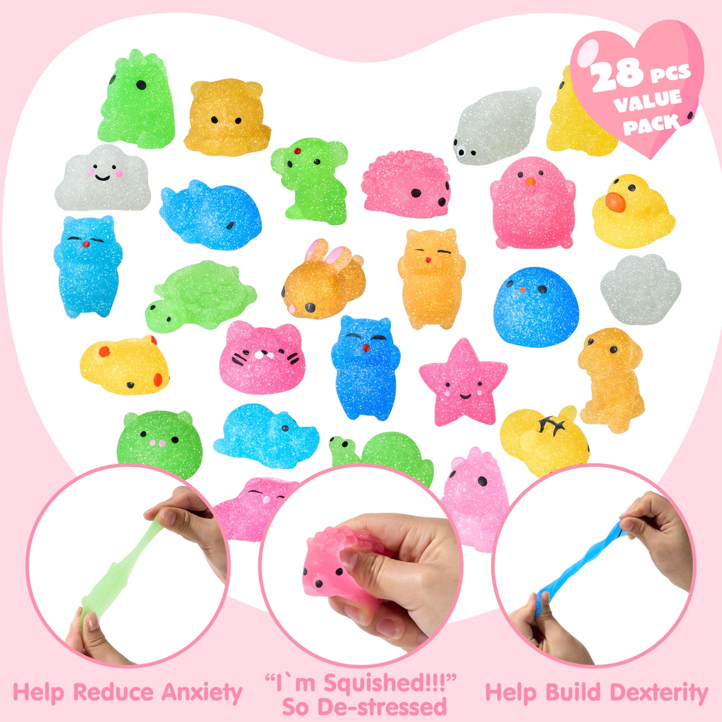 JOYIN 28-Pack Valentines Day Gifts for Kids | Cute Mochi Squishy Toys & Valentines Cards for Classrooms