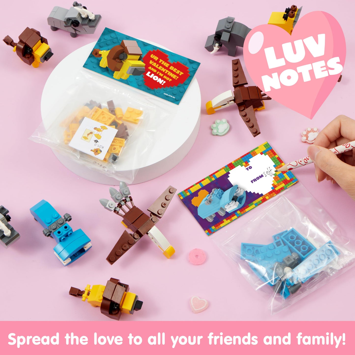 JOYIN 24 Safari Animal Valentine Cards with Building Blocks – Party Favors & Classroom Prizes