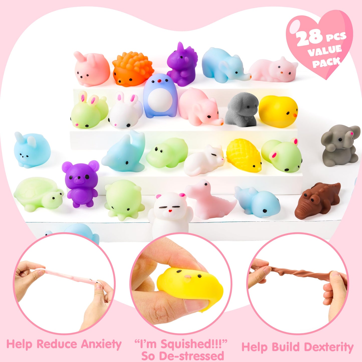 JOYIN 28-Pack Valentines Day Gifts for Kids – Kawaii Mochi Squishy Toys & Card Set
