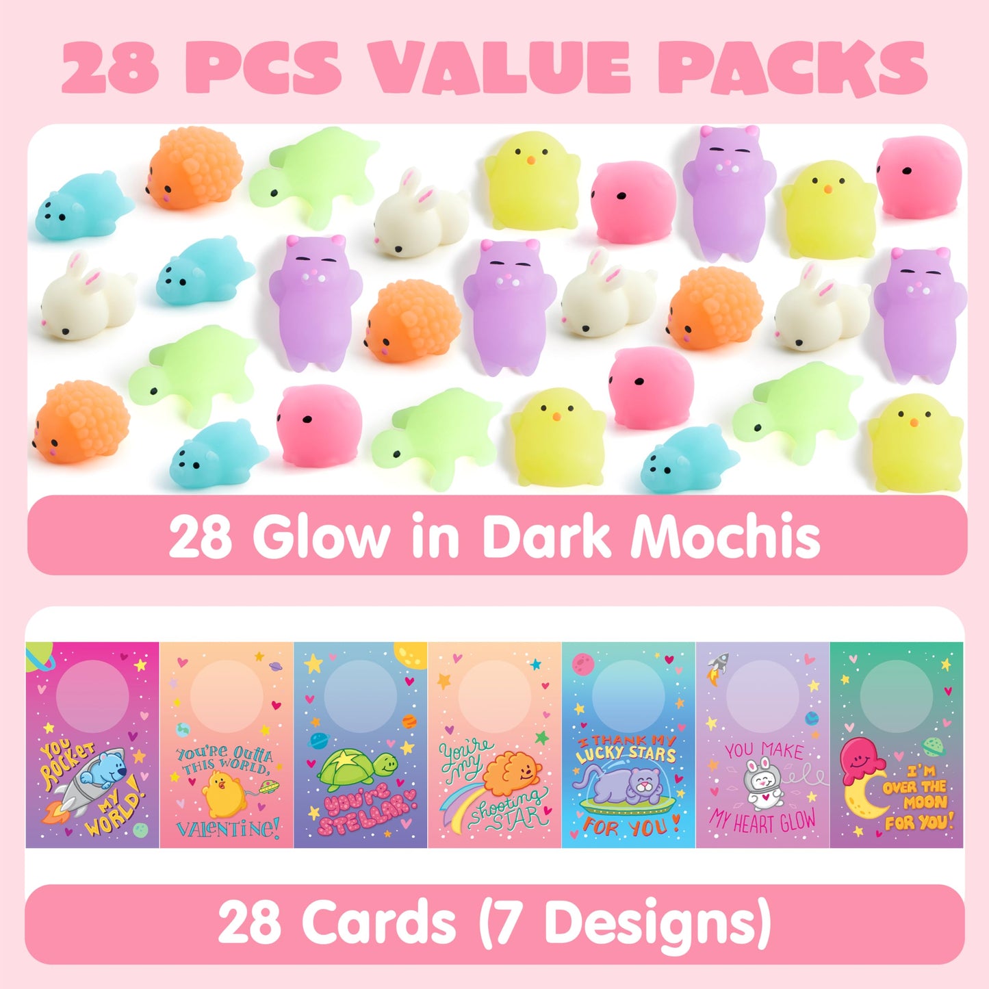 JOYIN 28-Pack Valentines Gift Cards with Glow-in-The-Dark Kawaii Mochi Squishy Toys