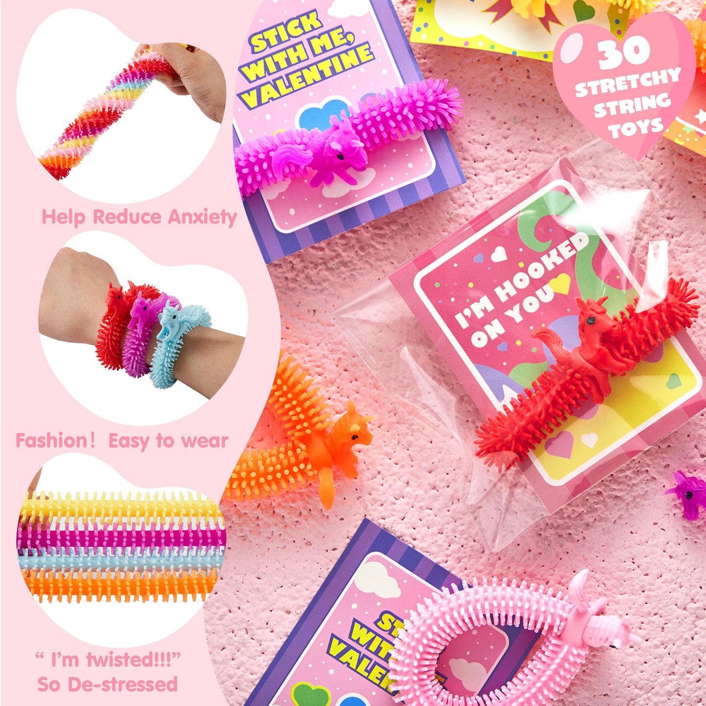 JOYIN 30 Pcs Valentine's Gift Cards & Stretchy String Toys Set | Unicorn Noodle Toys