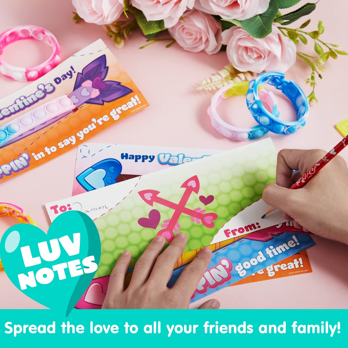 JOYIN 28-Pack Valentine's Gift Cards with Pop Bubble Bracelet – Fidget Wristbands for Kids, Class Prizes