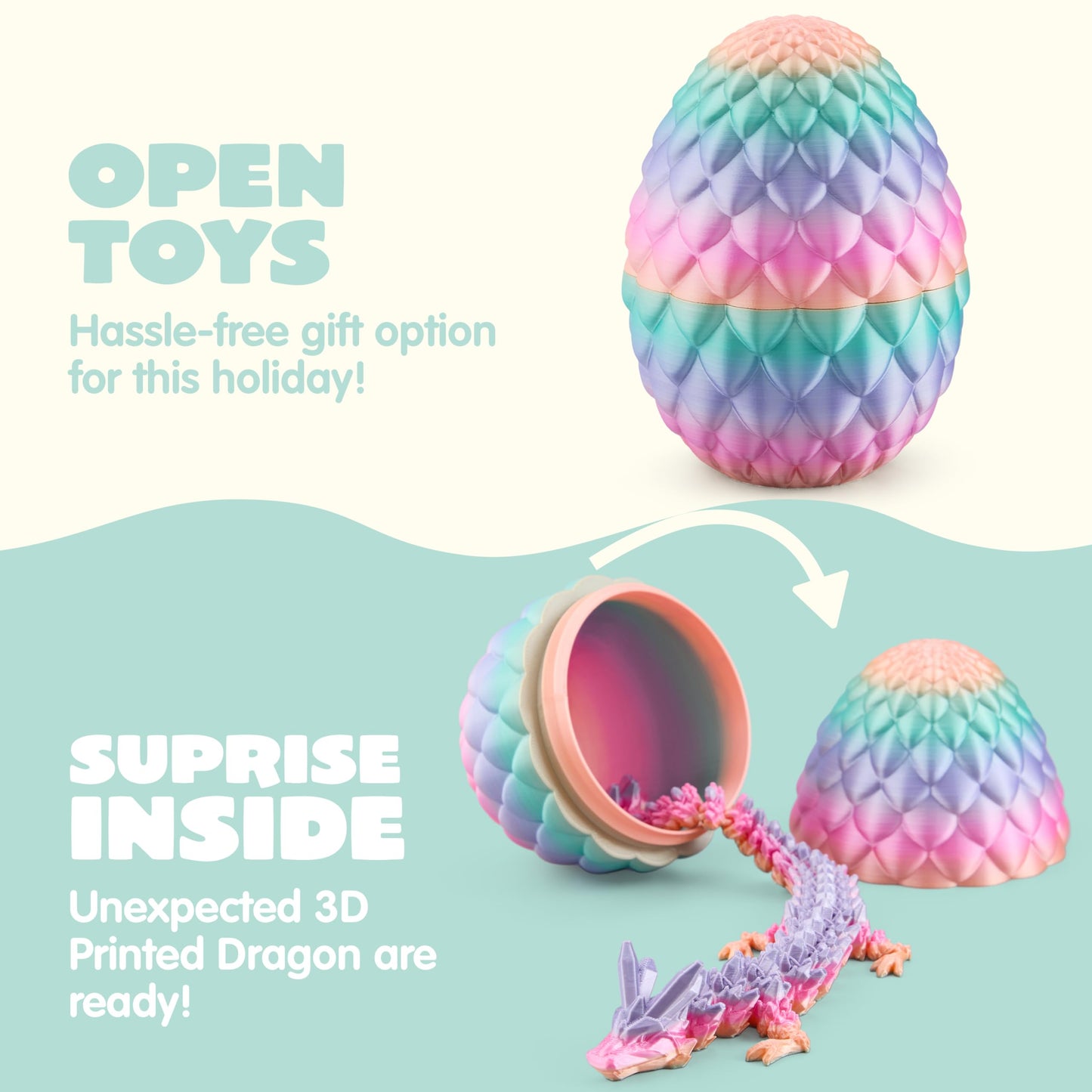 JOYIN 3D Printed Dragon Egg with 12-Inch Laser Rainbow Dragon Inside – Articulated Toy