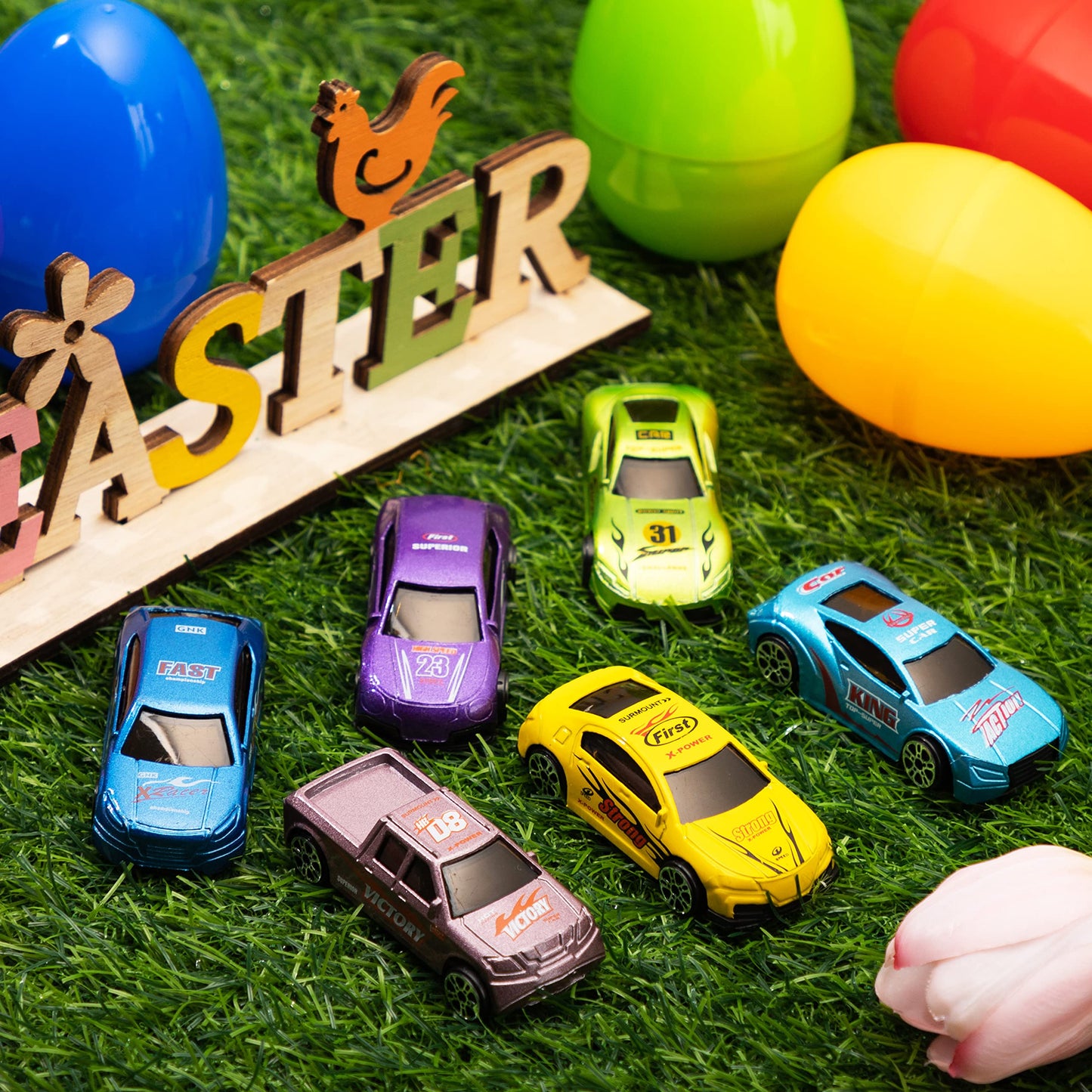JOYIN 12 Pcs Die-Cast Car Filled Easter Eggs – Pre-Filled Eggs with Different Cars