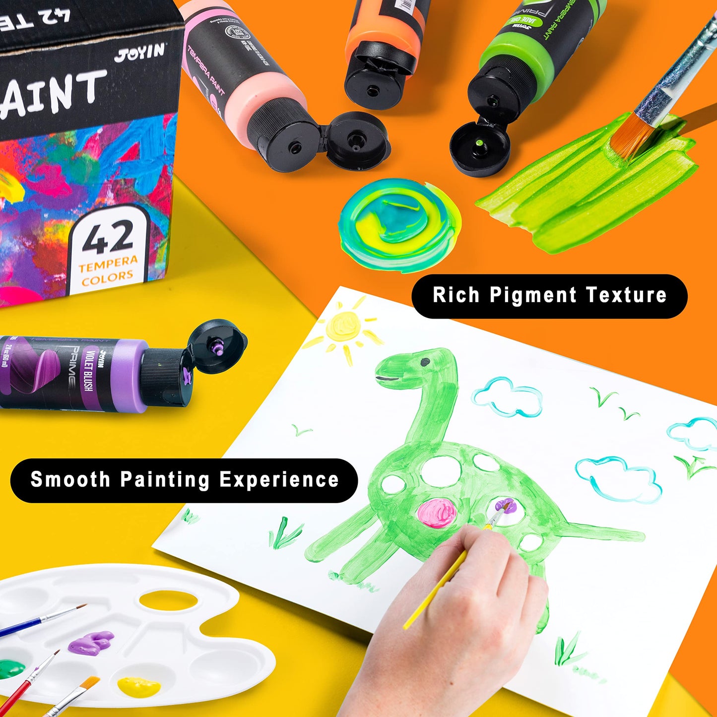 JOYIN Washable Tempera Paint Set for Kids – 42 Colors, 15 Brushes, 4 Palettes, Non-Toxic & Washable