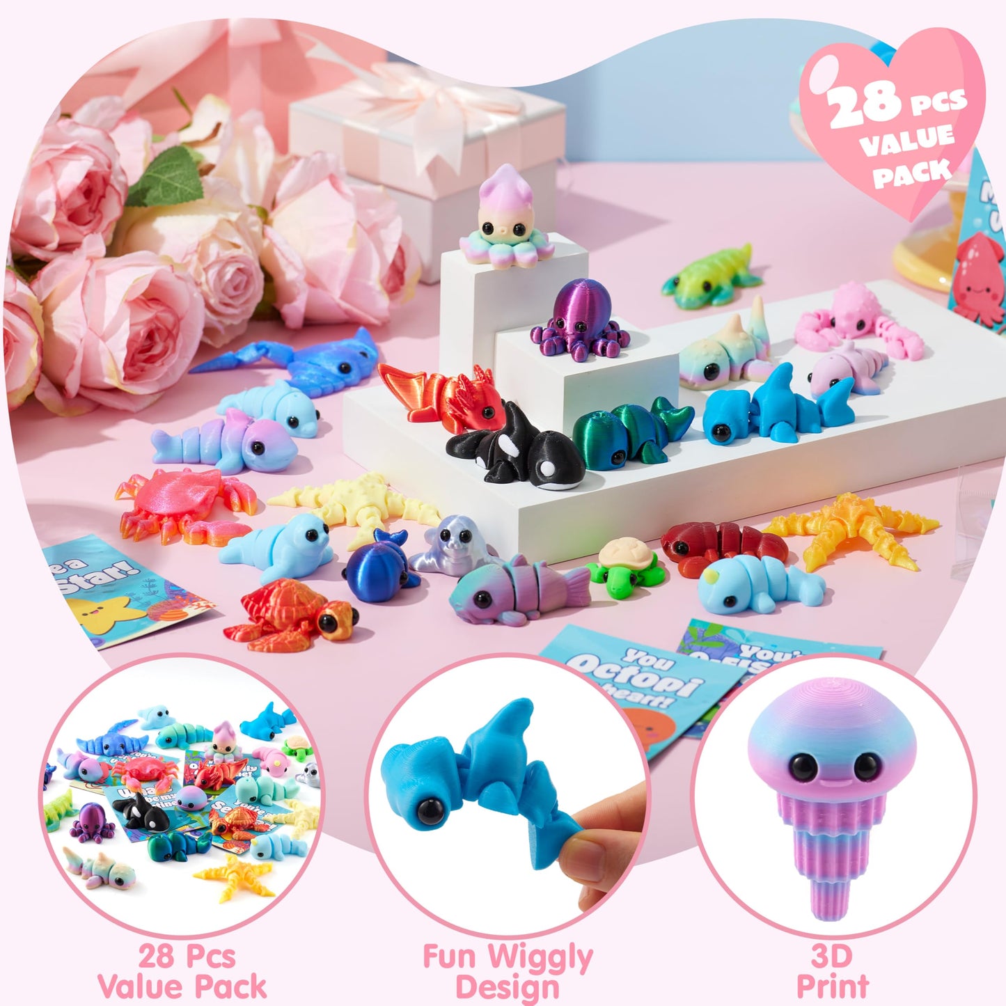 JOYIN 28Pcs Valentines Gift Cards with 3D Ocean Animals – Party Favors & Classroom Exchange