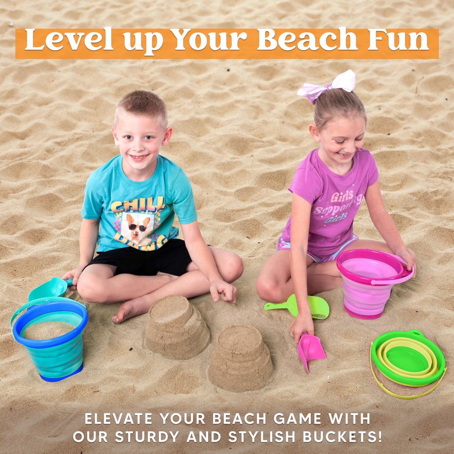 JOYIN 3-Pack Foldable Pail Buckets with Shovels & Mesh Bag – Collapsible Beach Toys