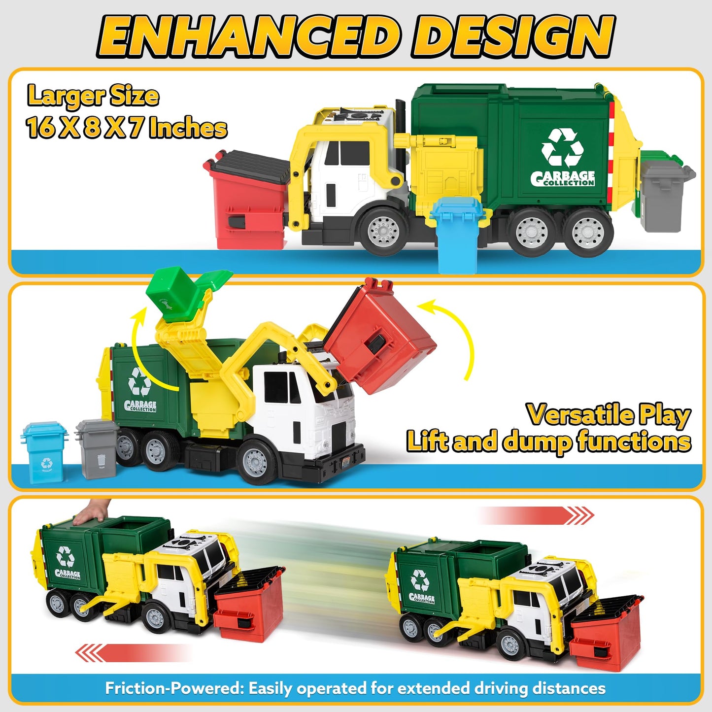 JOYIN Large Friction-Powered Garbage Truck Toy Set with Dumpster, Bins & Learning Cards