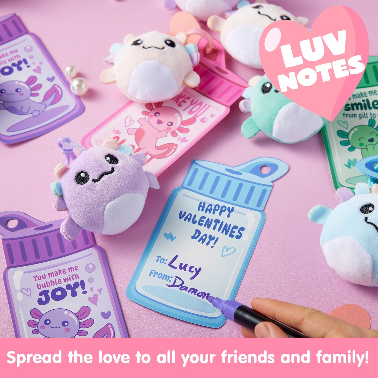 JOYIN 28 Pcs Valentine Axolotl Plush Keychains & Greeting Cards for Classrooms