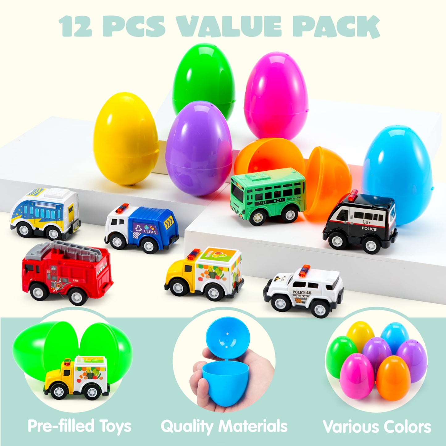 JOYIN 12 Pcs Prefilled Easter Eggs with Alloy Pull Back Cars – Easter Egg Hunt Toys & Basket Stuffers