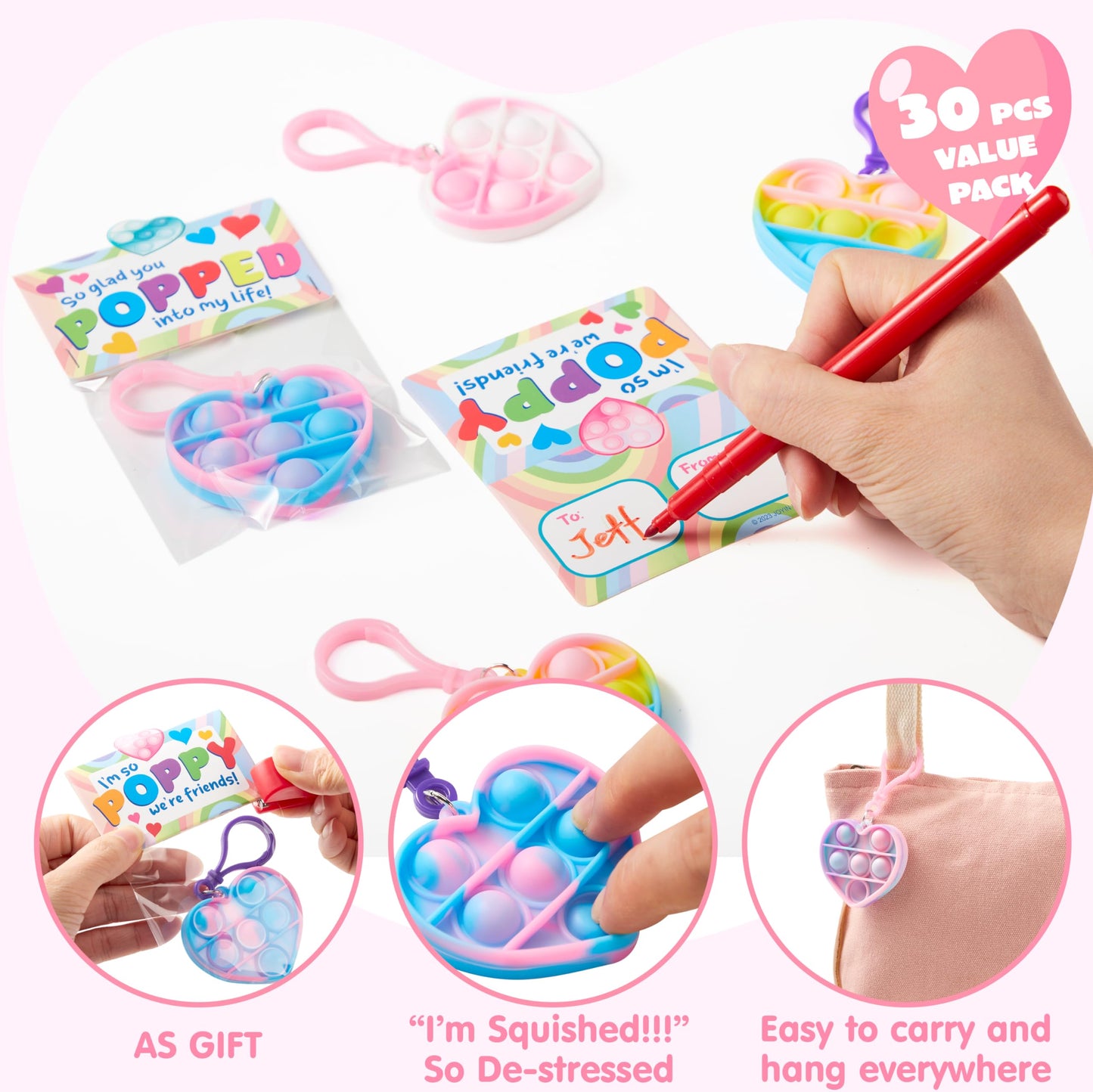 JOYIN 30 Pack Heart Pop Bubble Keychains with Valentines Cards – Classroom Gifts & Party Favors