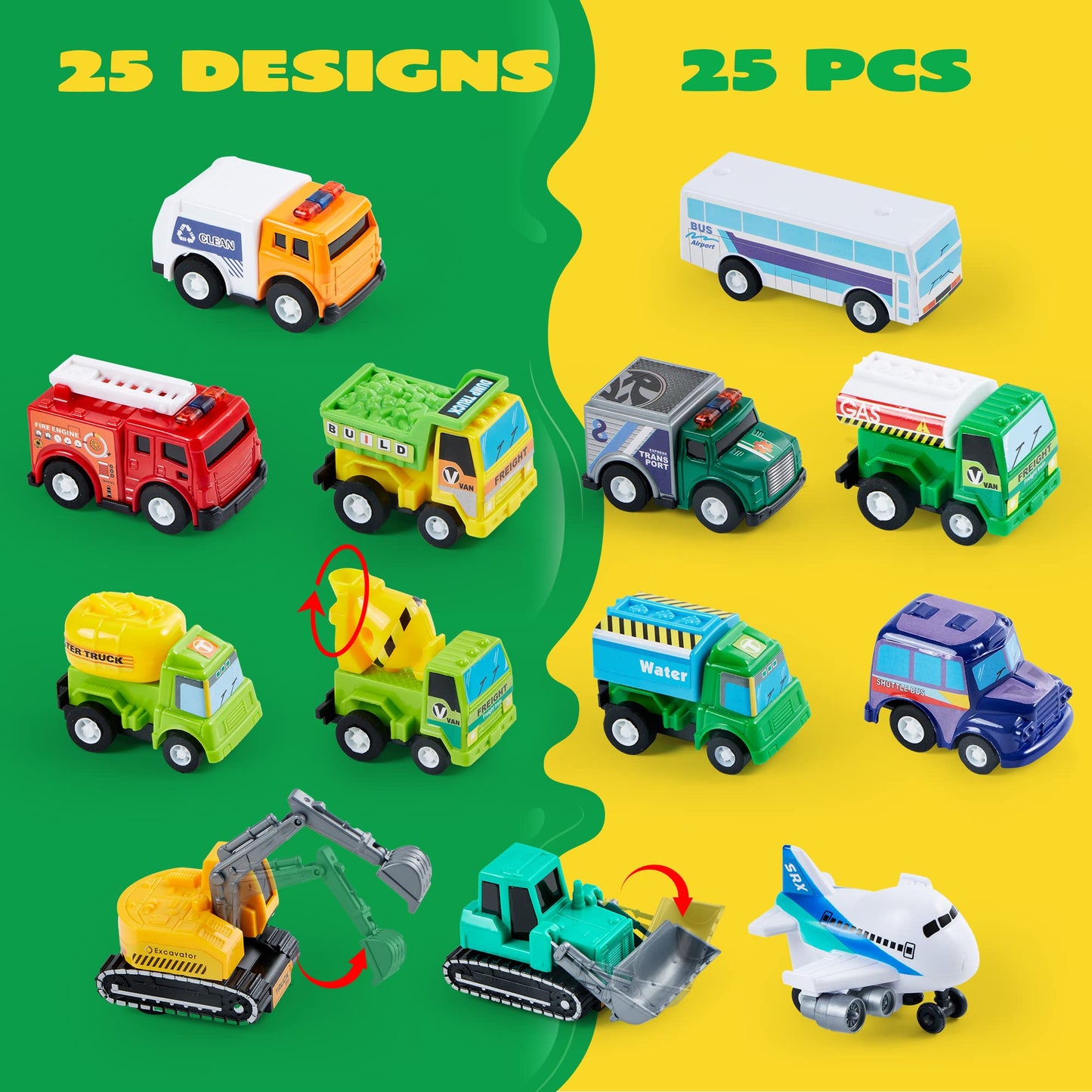 JOYIN 25-Piece Pull-Back Cars & Trucks Set for Kids – Friction-Powered Toys
